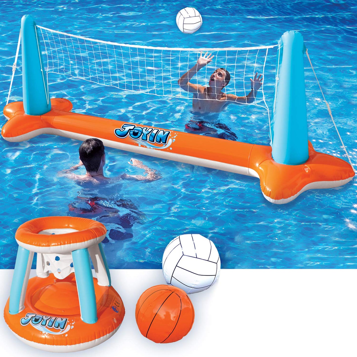 JOYIN Inflatable Pool Float Set with Volleyball Net & Basketball Hoops – 105”x28”x38” / 27.6”x23” | L-Orange