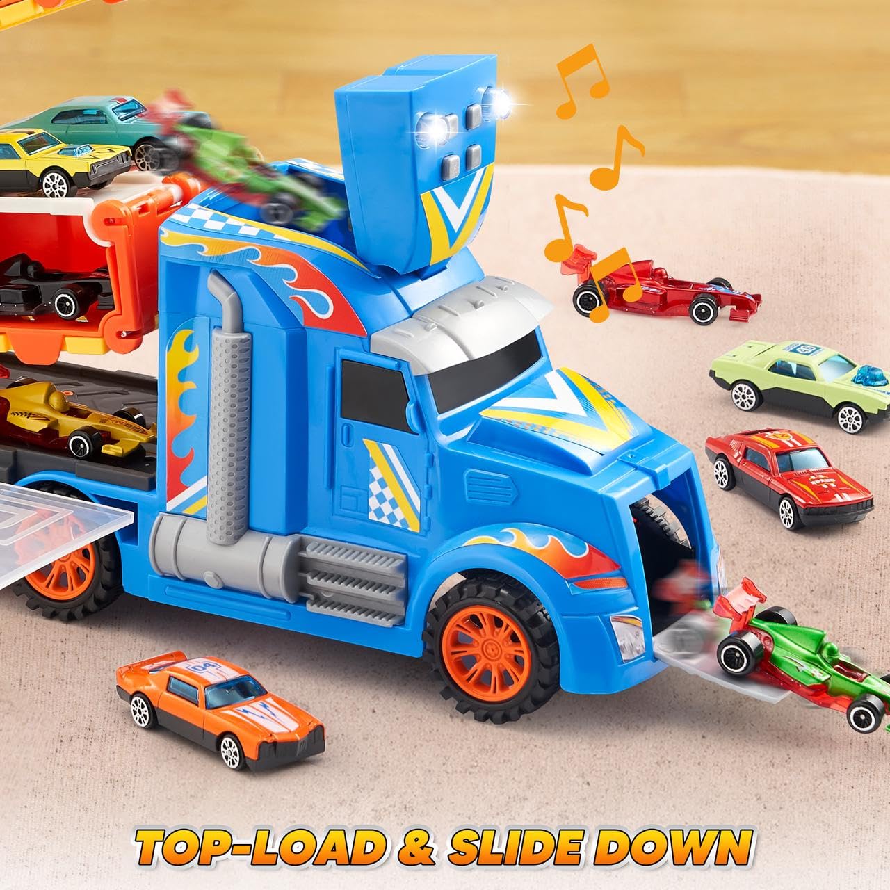 JOYIN Toy Truck Carrier Set – 5-Foot Track & 12 Die-Cast Cars