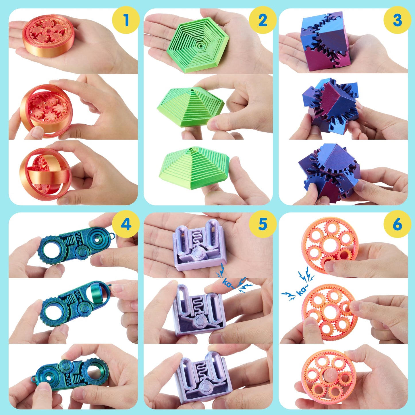JOYIN 6Pcs 3D Printed Fidget Toys — Spin Fractal Gear, Metallic Color