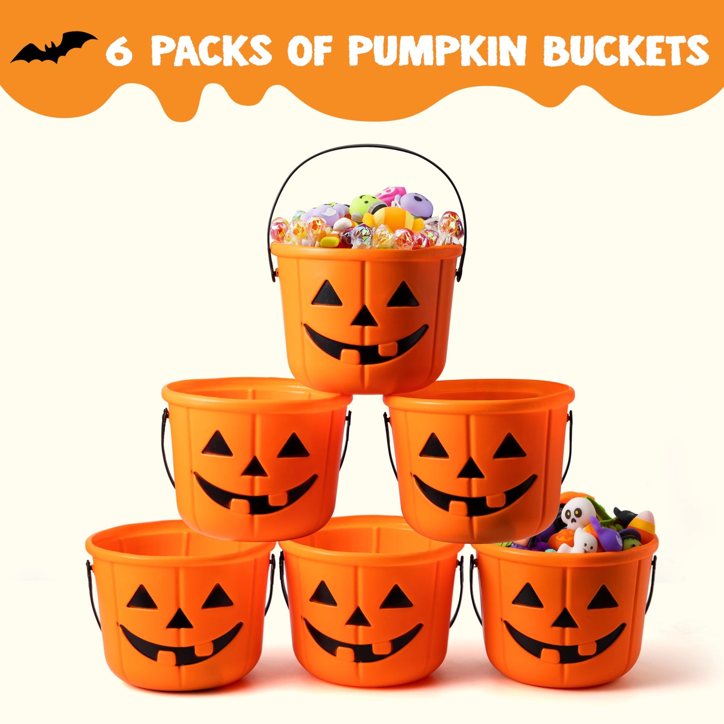 JOYIN 6Pcs Halloween Pumpkin Buckets – Jack O' Lantern Candy Buckets for Trick or Treating, 7x5 in, Reusable