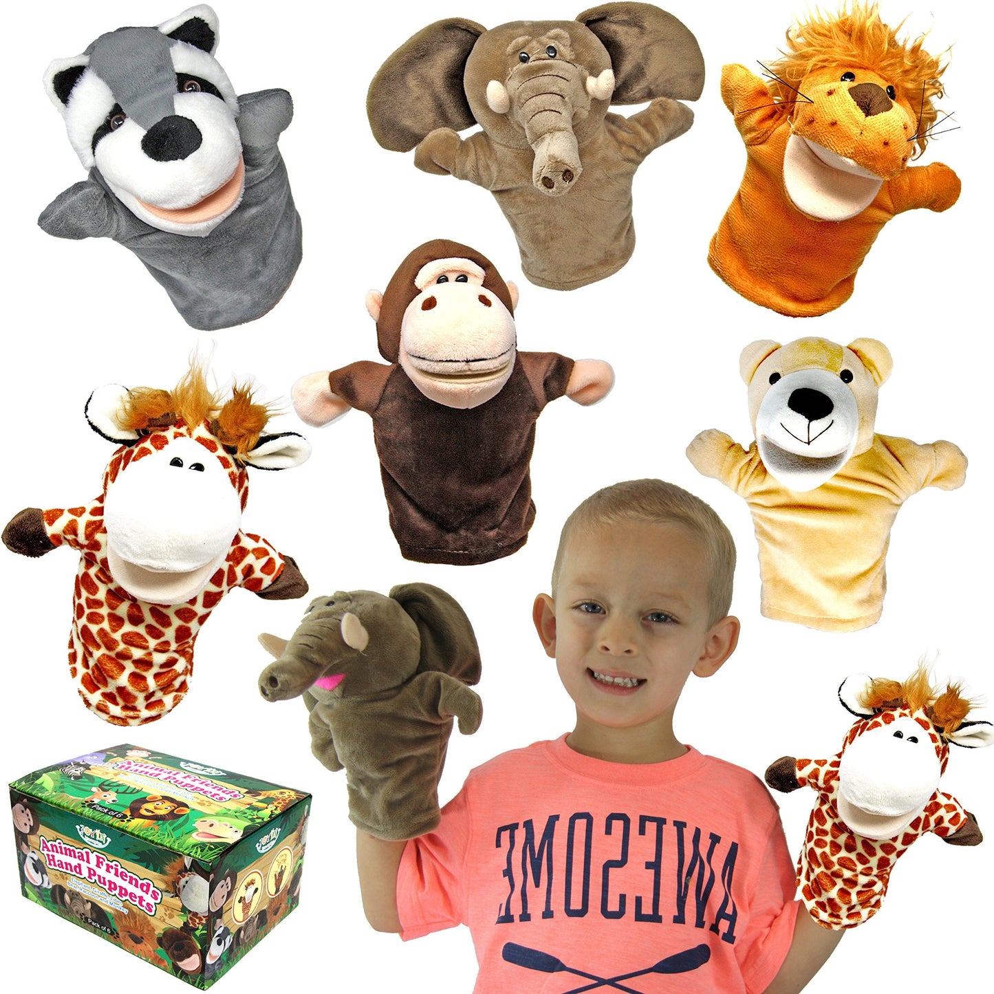 JOYIN 6Pcs Kids Hand Puppet Set with Working Mouth — Elephant, Giraffe, Lion, Bear, Raccoon & Monkey