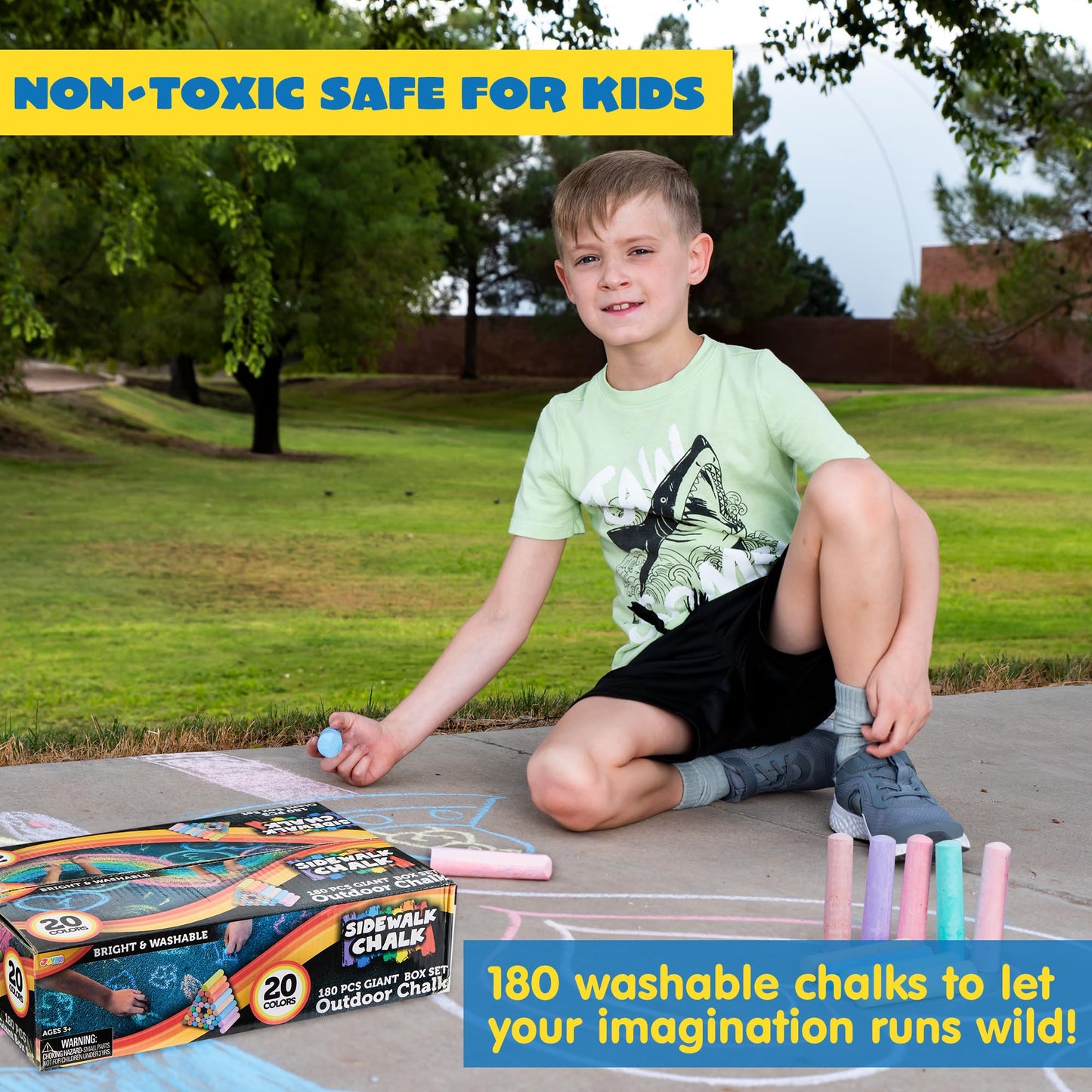 JOYIN 180 PCS Washable Sidewalk Chalks Set – 20 Colors, Non-Toxic, Jumbo Chalk for Outdoor Art