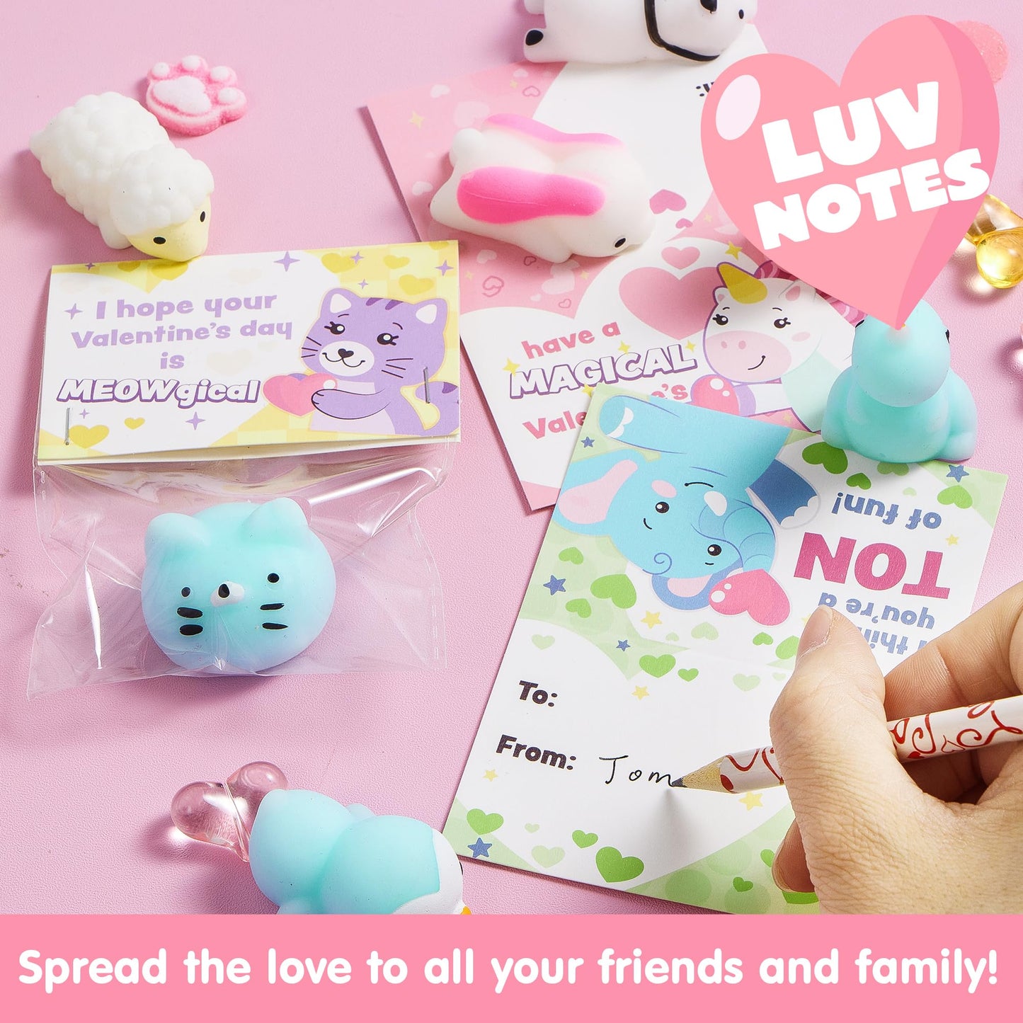 JOYIN 28-Pack Valentine’s Day Gift Cards with Mochi Squishy Toys – 14 Mochi Designs, 7 Card Styles