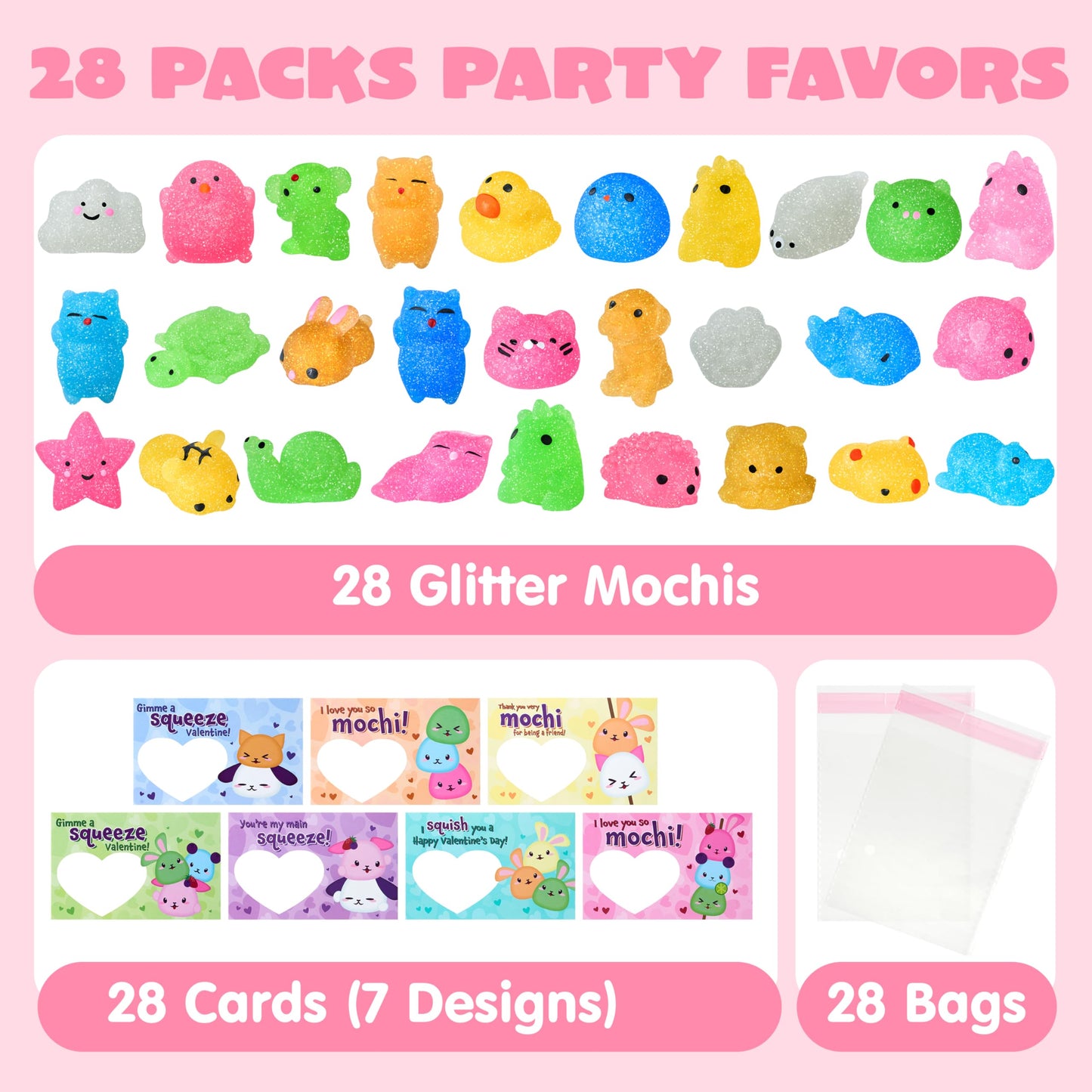 JOYIN 28-Pack Valentines Day Gifts for Kids | Cute Mochi Squishy Toys & Valentines Cards for Classrooms