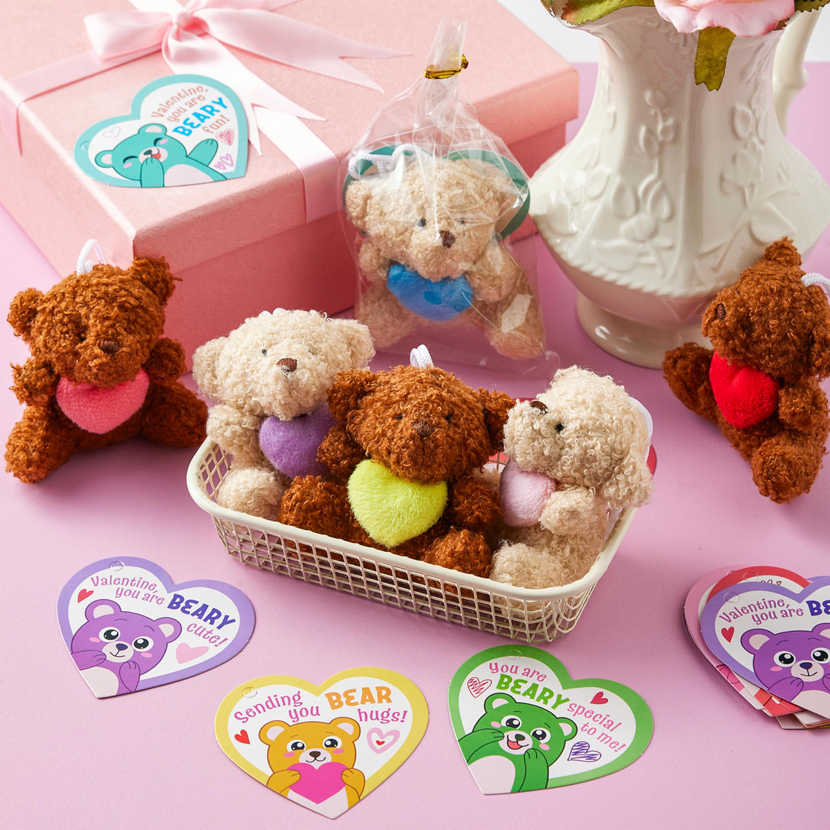 JOYIN 24 Pcs Valentine Bears with Hearts & Cards – Plush Toys for Kids