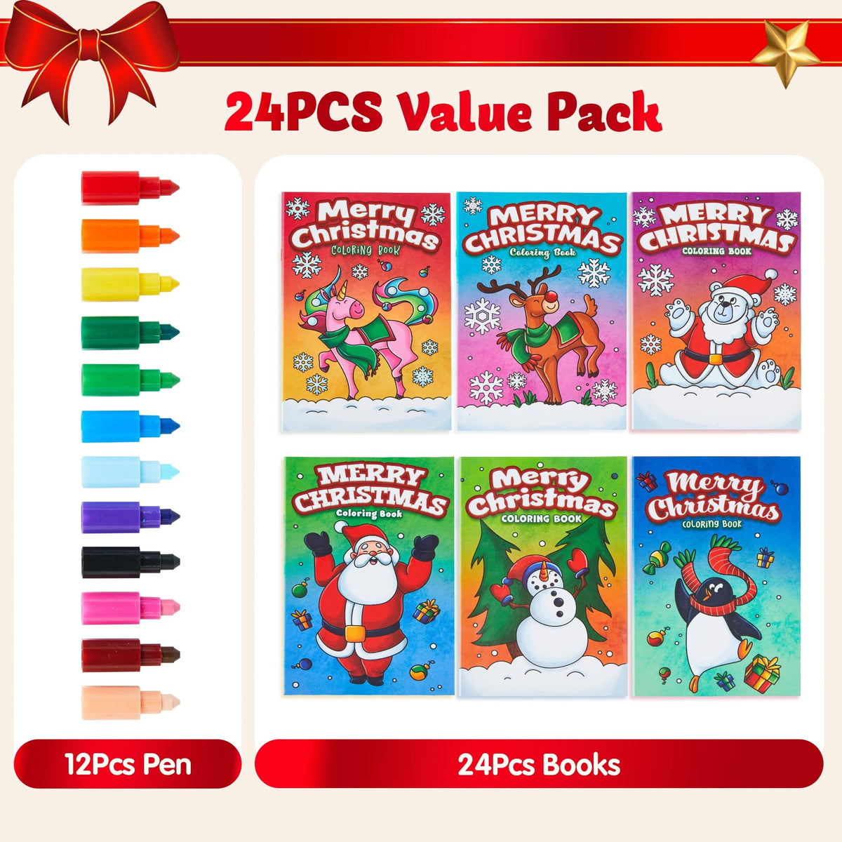 JOYIN 24 Pcs Christmas Coloring Books Bulk – 6 Covers, 12-Page Kids Activity Books for Holidays