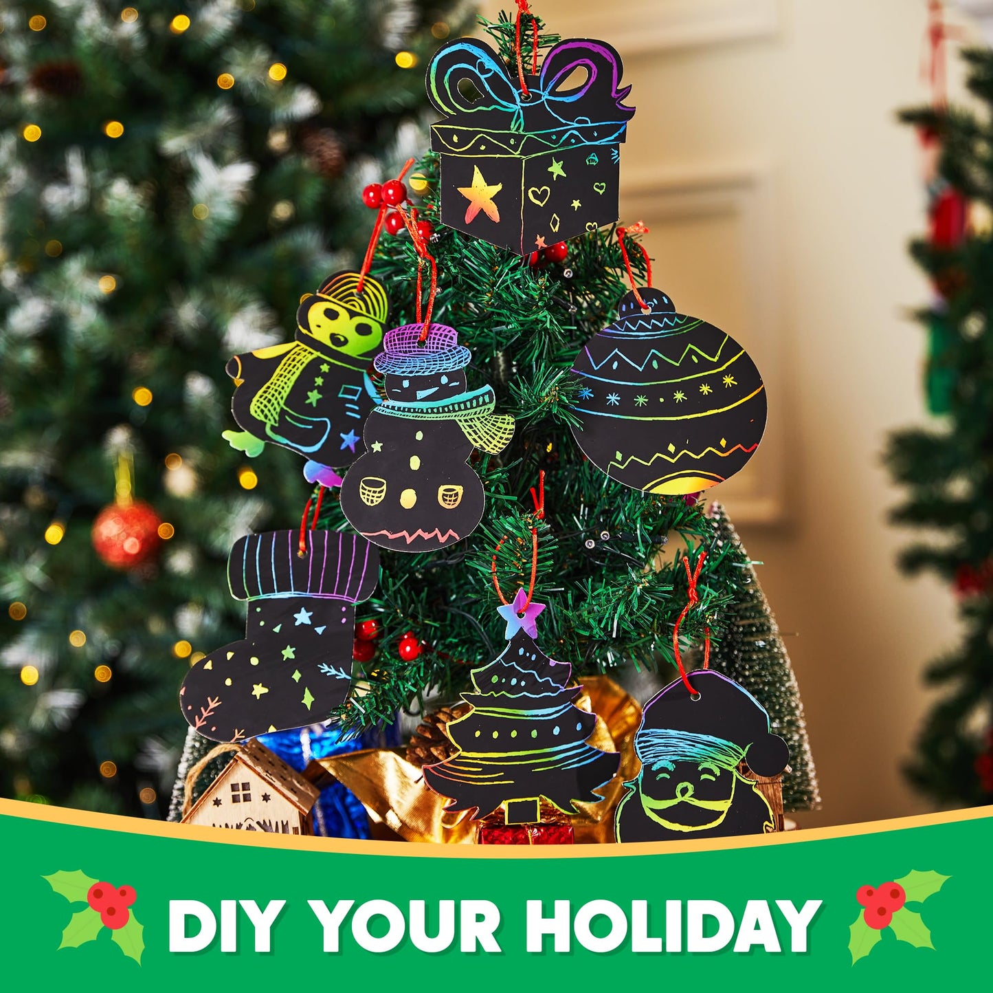 JOYIN 72 Pcs Christmas Scratch Art Ornaments – Rainbow Color Craft Kit for Kids