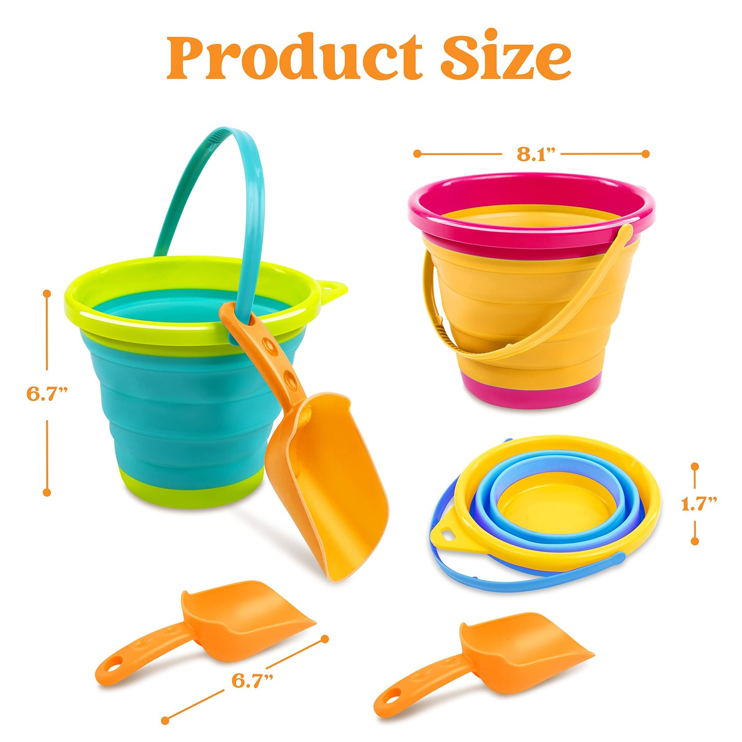 JOYIN 3-Pack Foldable Pail Buckets with Shovels & Mesh Bag – Beach & Camping Fun