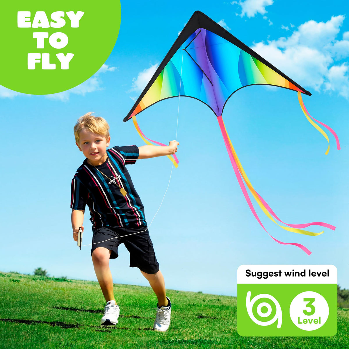 JOYIN Large Delta Kite Gradient Rainbow – Easy Fly with 328 ft String