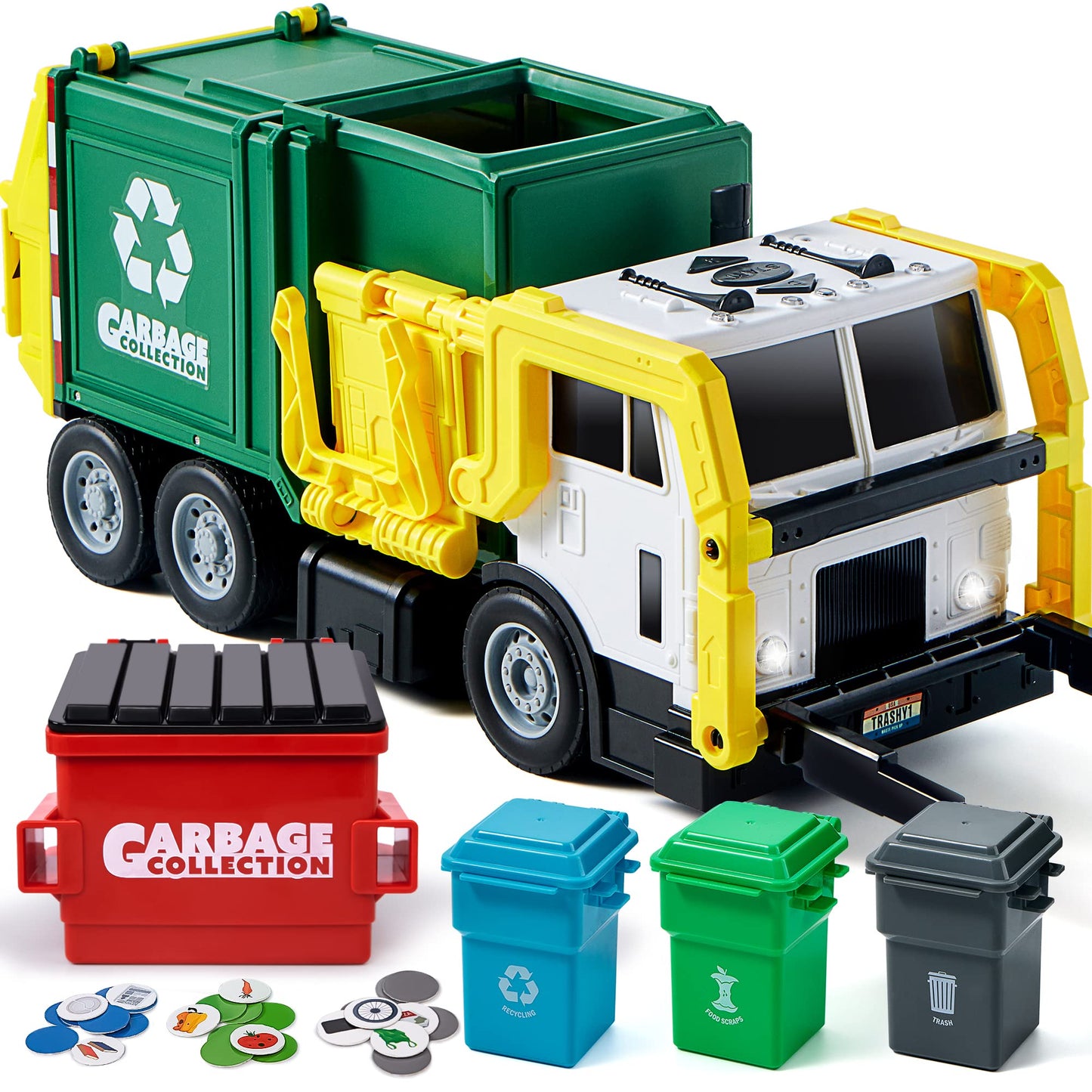 JOYIN Large Friction-Powered Garbage Truck Toy Set with Dumpster, Bins & Learning Cards