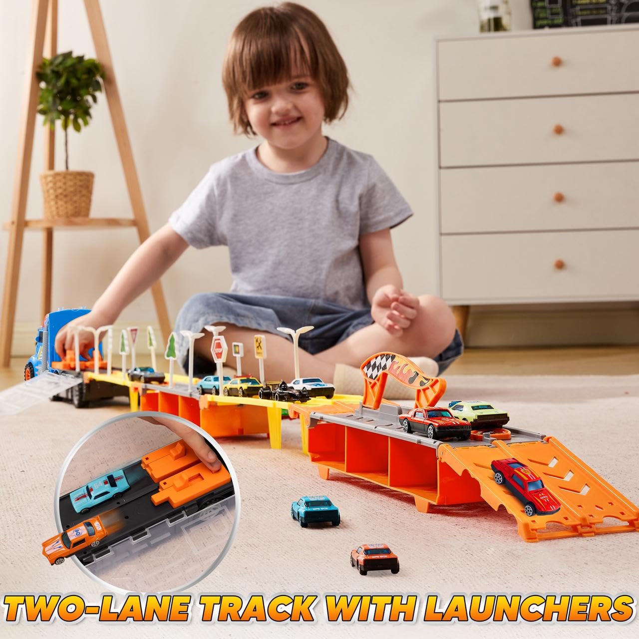 JOYIN Toy Truck Carrier Set – 5-Foot Track & 12 Die-Cast Cars