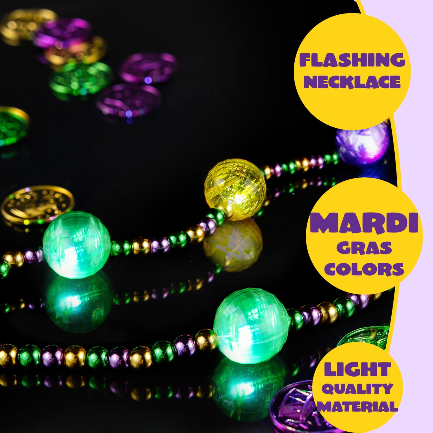 JOYIN 41-Inch LED Mardi Gras Jumbo Bead Necklace — Light Up Party Accessory in Gold Green Purple