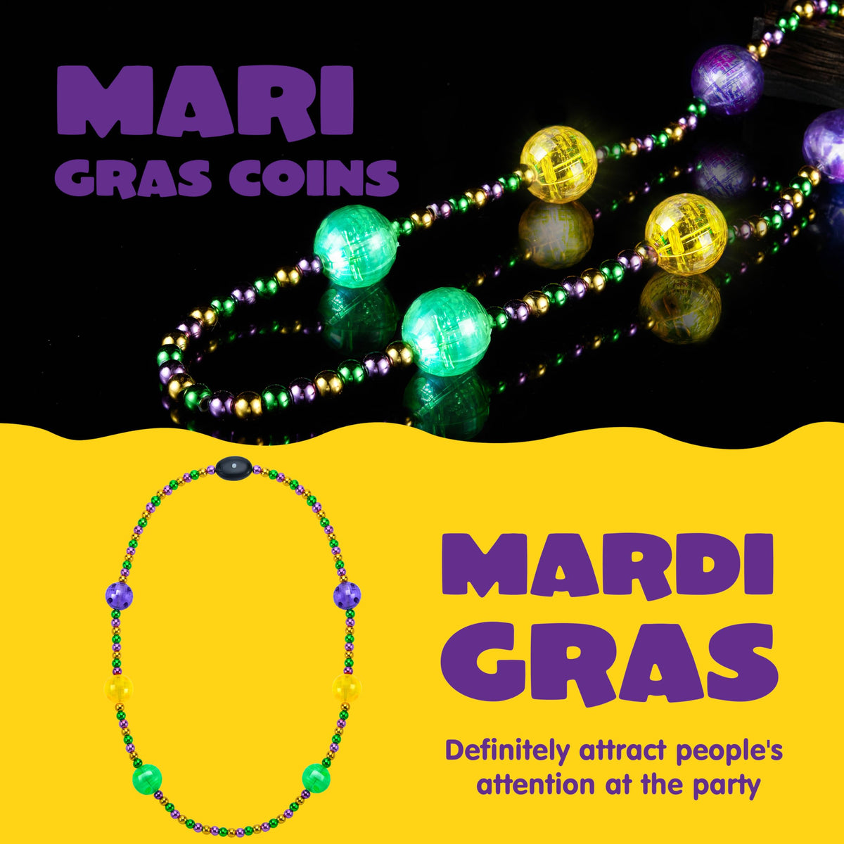 JOYIN 41-Inch LED Mardi Gras Jumbo Bead Necklace — Light Up Party Accessory in Gold Green Purple
