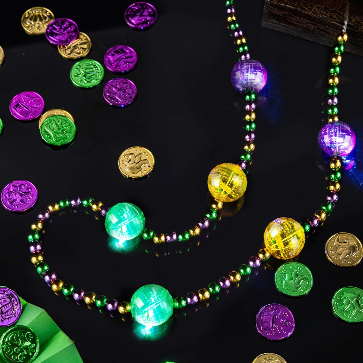 JOYIN 41-Inch LED Mardi Gras Jumbo Bead Necklace — Light Up Party Accessory in Gold Green Purple