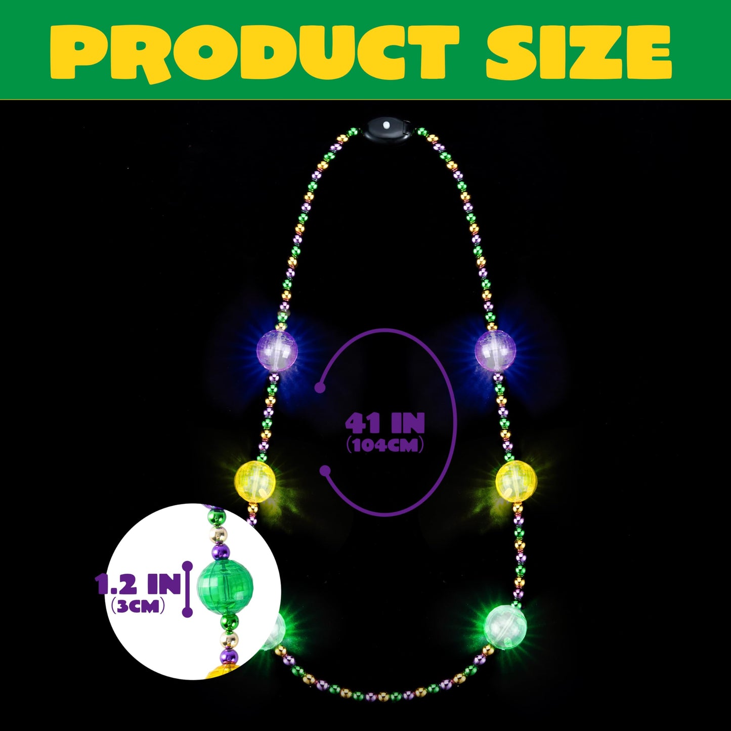 JOYIN 41-Inch LED Mardi Gras Jumbo Bead Necklace — Light Up Party Accessory in Gold Green Purple