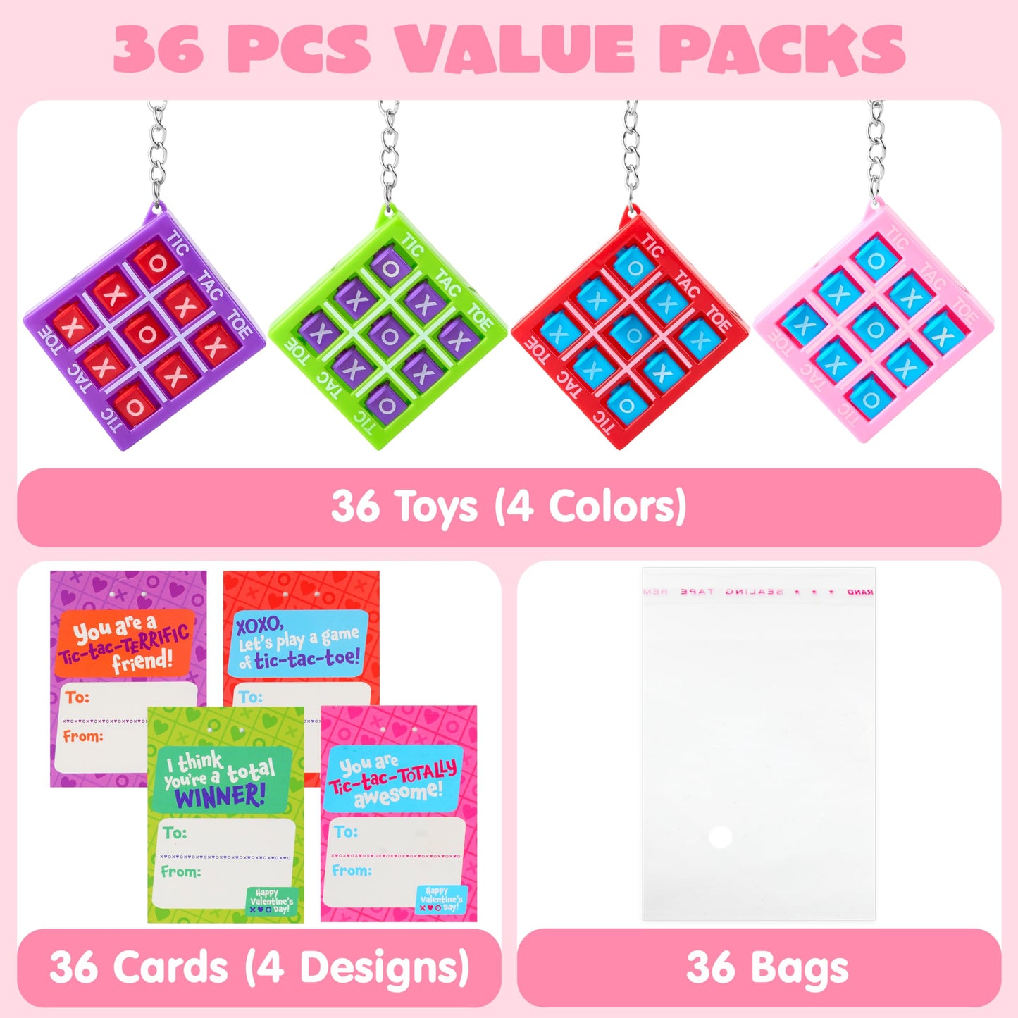 JOYIN 36-Piece Valentines Tic-Tac-Toe Keychains with Greeting Cards