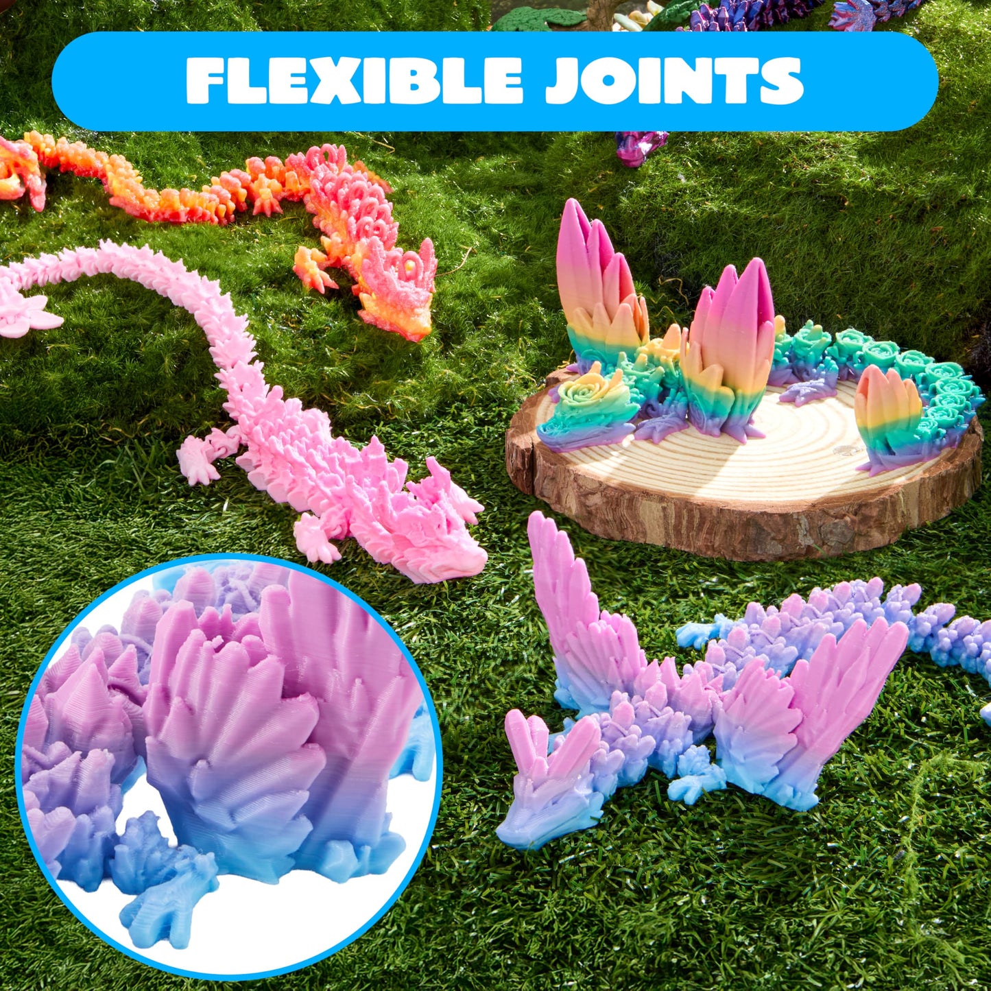JOYIN 6 Pcs 12 Inch Large 3D Printed Dragon Fidget Toys — Articulated Gradient Dragons for Desk Decor