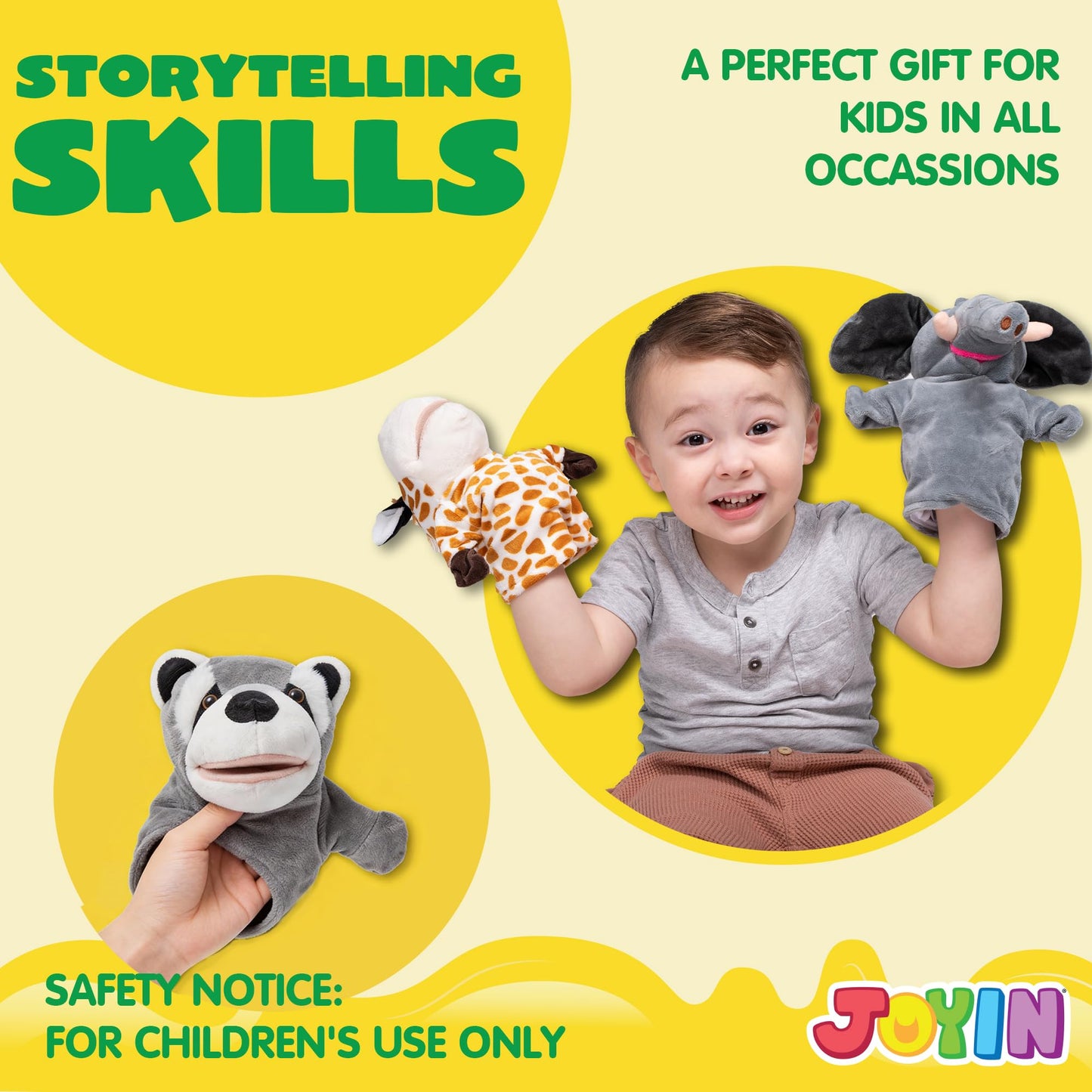 JOYIN 6Pcs Kids Hand Puppet Set with Working Mouth — Elephant, Giraffe, Lion, Bear, Raccoon & Monkey