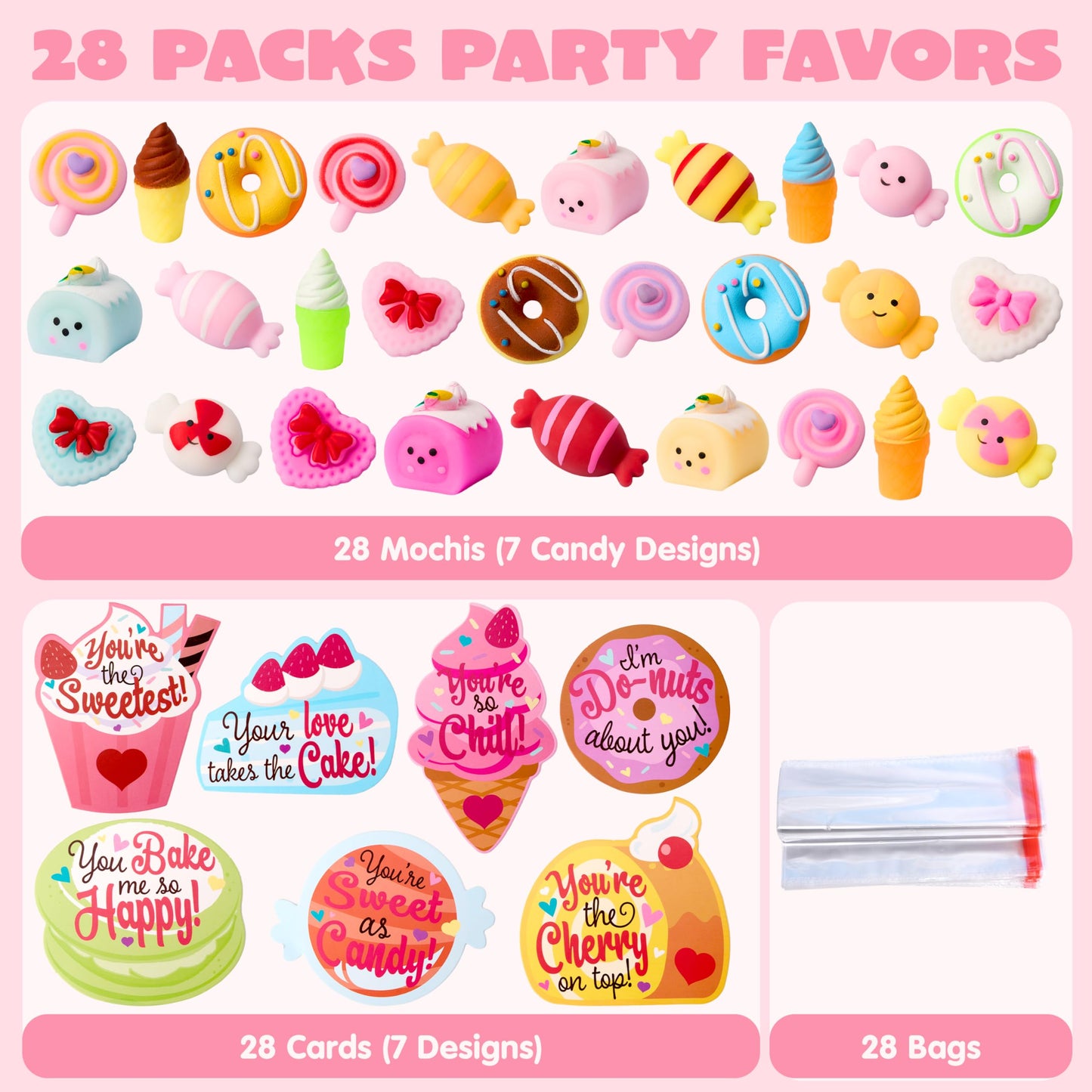 JOYIN 28 Packs Valentine’s Day Gift Cards with Candy Mochi Squishy Toys | Stress Relief Fidget & Classroom Rewards