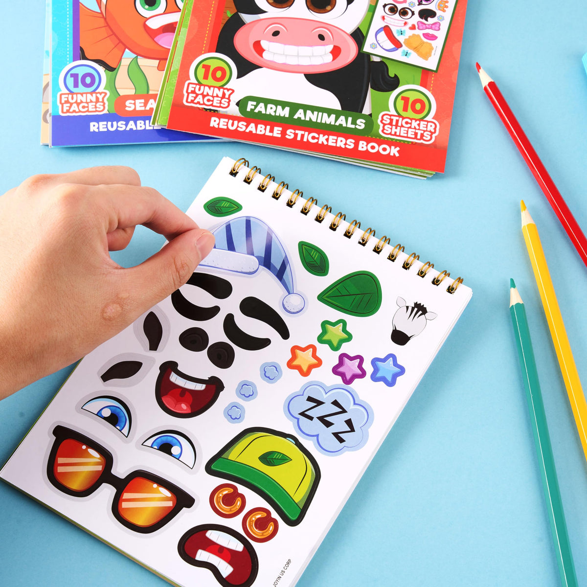 JOYIN Make-a-Face Reusable Sticker Books 3-Pack – Safari, Farm & Sea Animals