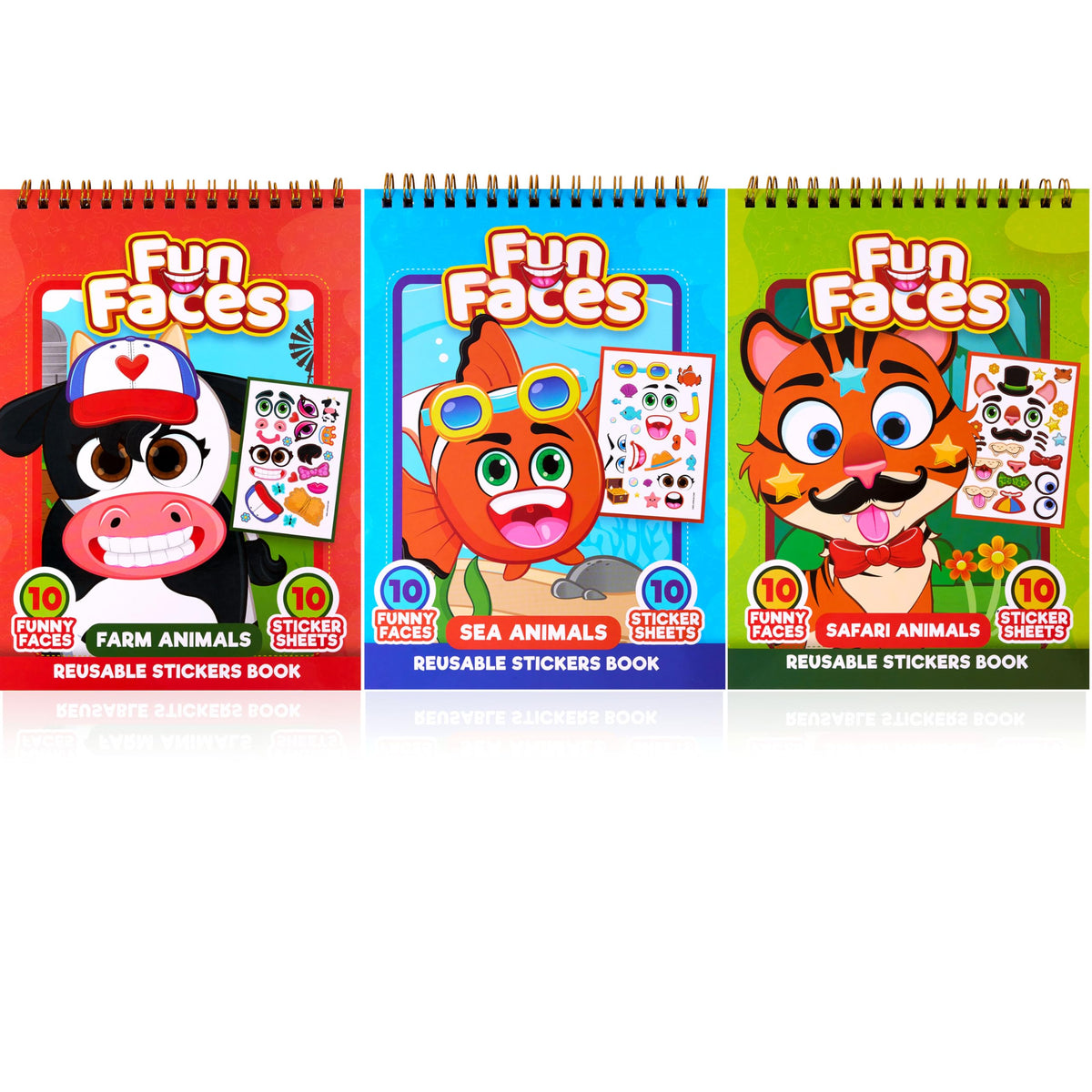 JOYIN Make-a-Face Reusable Sticker Books 3-Pack – Safari, Farm & Sea Animals