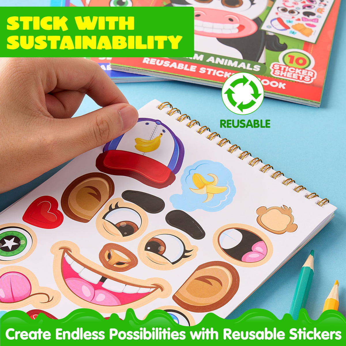 JOYIN Make-a-Face Reusable Sticker Books 3-Pack – Safari, Farm & Sea Animals