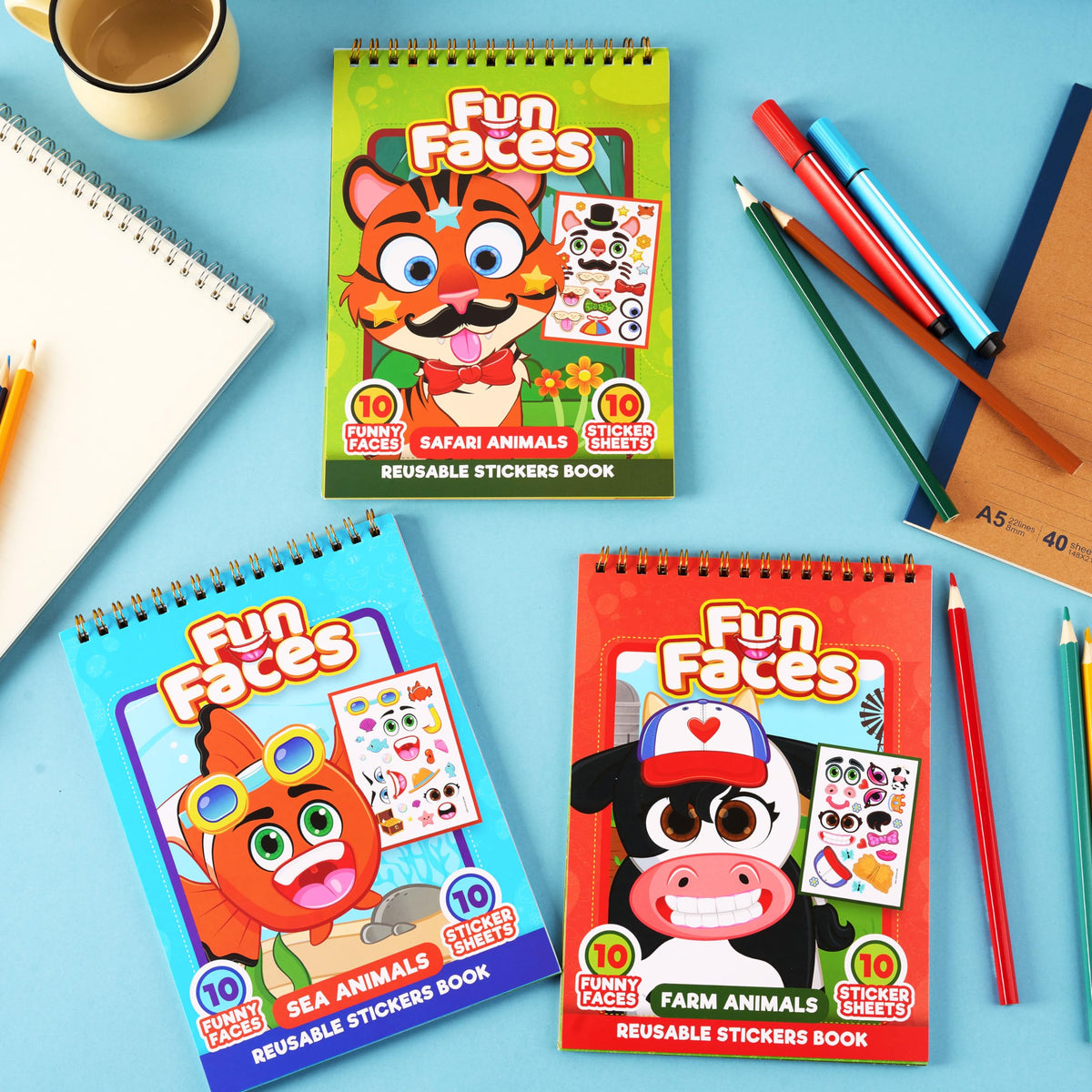 JOYIN Make-a-Face Reusable Sticker Books 3-Pack – Safari, Farm & Sea Animals