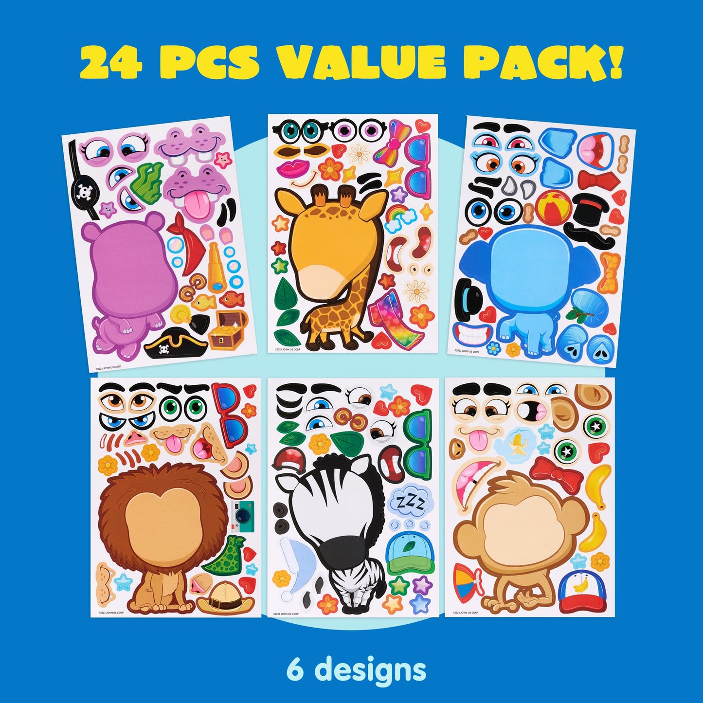JOYIN 24-Pack Make a Face Stickers – Safari Jungle Animals for Kids, Party Favors & Crafts