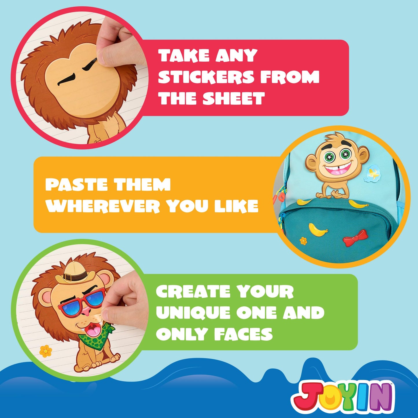 JOYIN 24-Pack Make a Face Stickers – Safari Jungle Animals for Kids, Party Favors & Crafts
