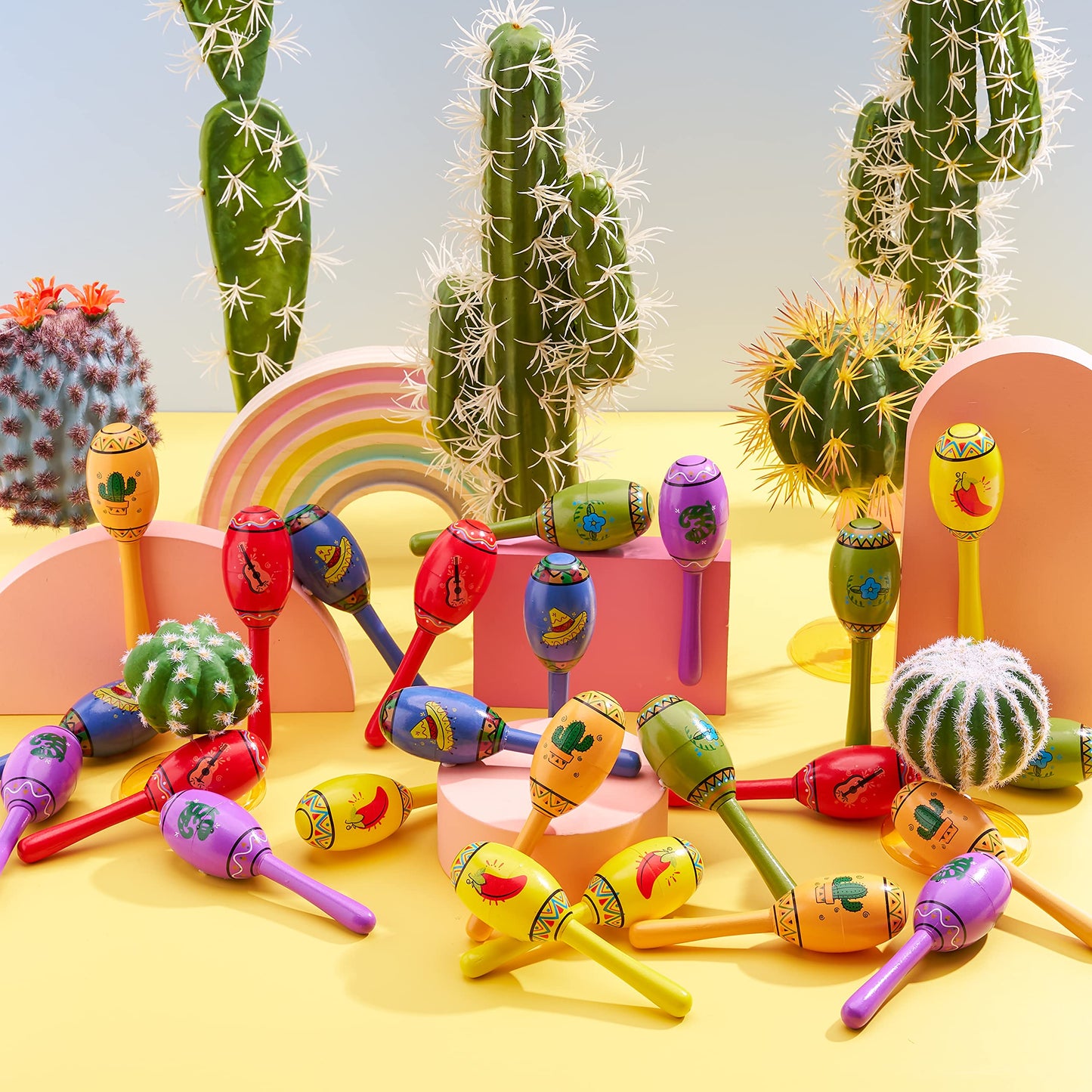 JOYIN 24 Mini Wooden Fiesta Maracas – 6-Color Noisemaker Set for Parties and Kids