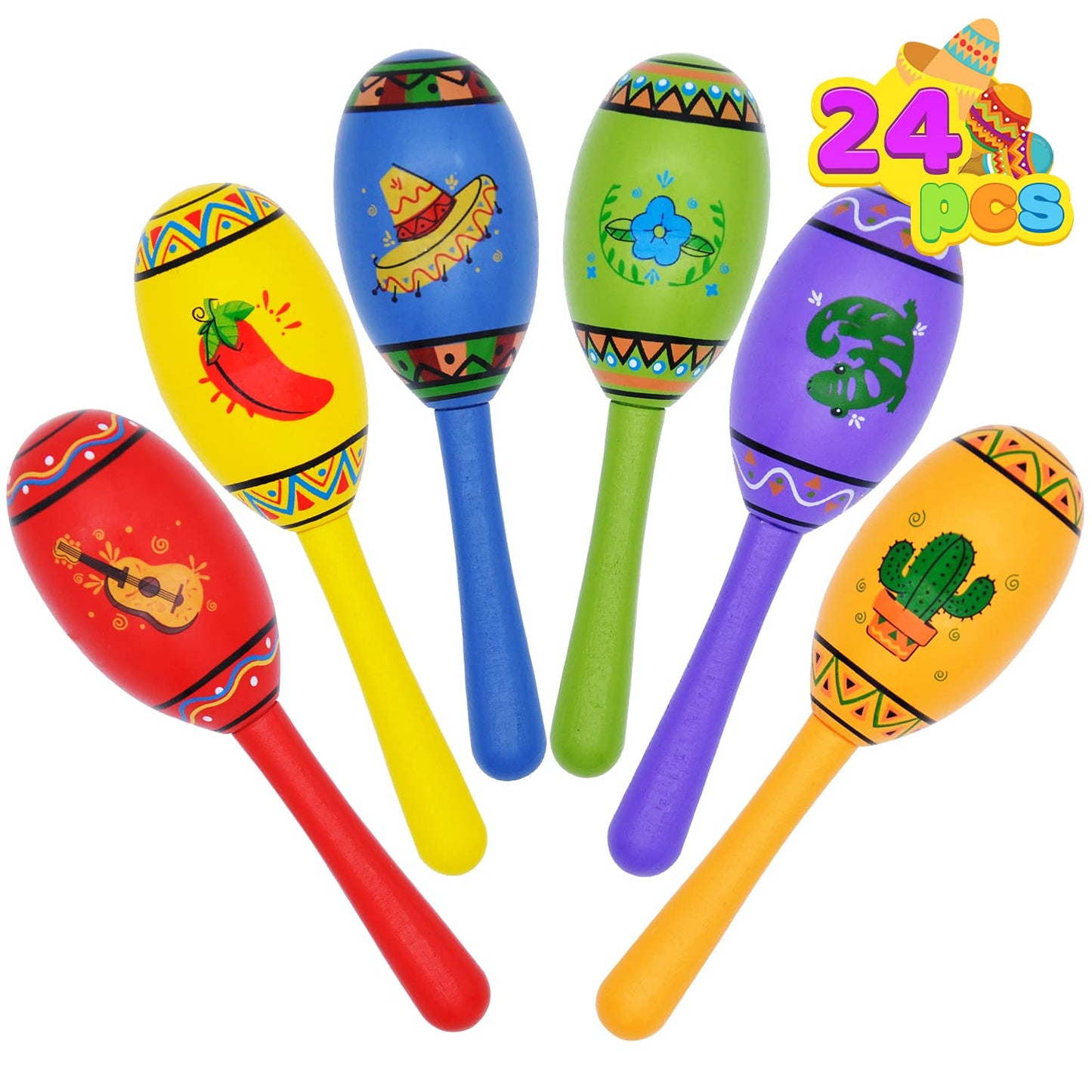 JOYIN 24 Mini Wooden Fiesta Maracas – 6-Color Noisemaker Set for Parties and Kids