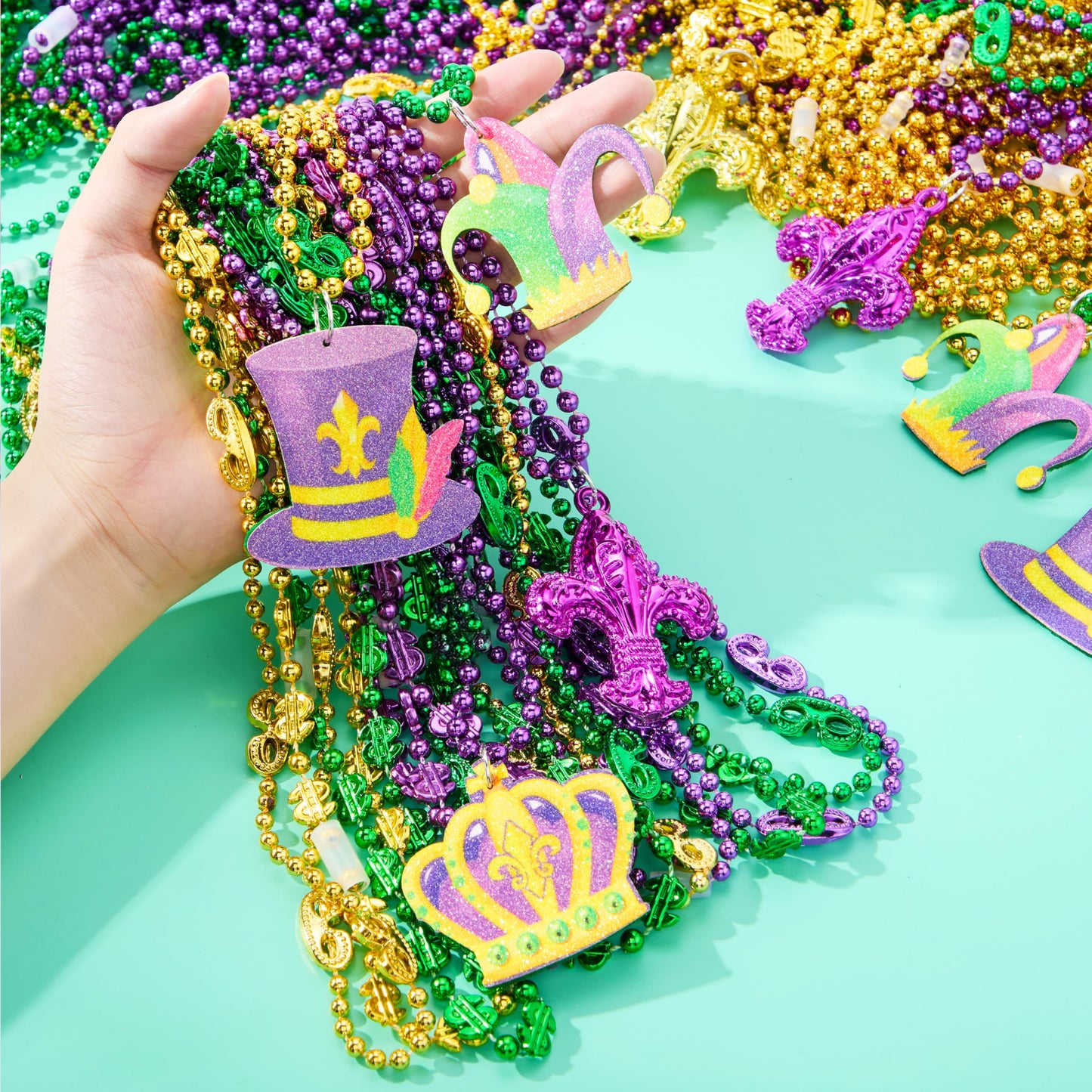 JOYIN 120 Pcs Mardi Gras Bead Necklaces with Pendant – Gold, Green & Purple Party Set