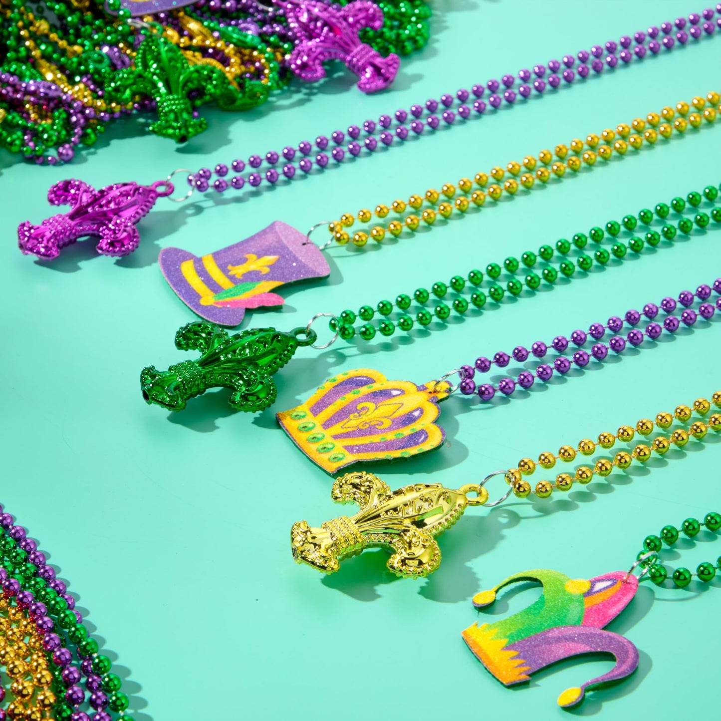 JOYIN 120 Pcs Mardi Gras Bead Necklaces with Pendant – Gold, Green & Purple Party Set