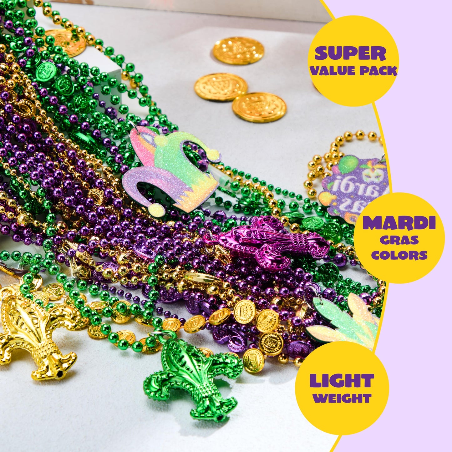 JOYIN 120 Pcs Mardi Gras Bead Necklaces with Pendant – Gold, Green & Purple Party Set