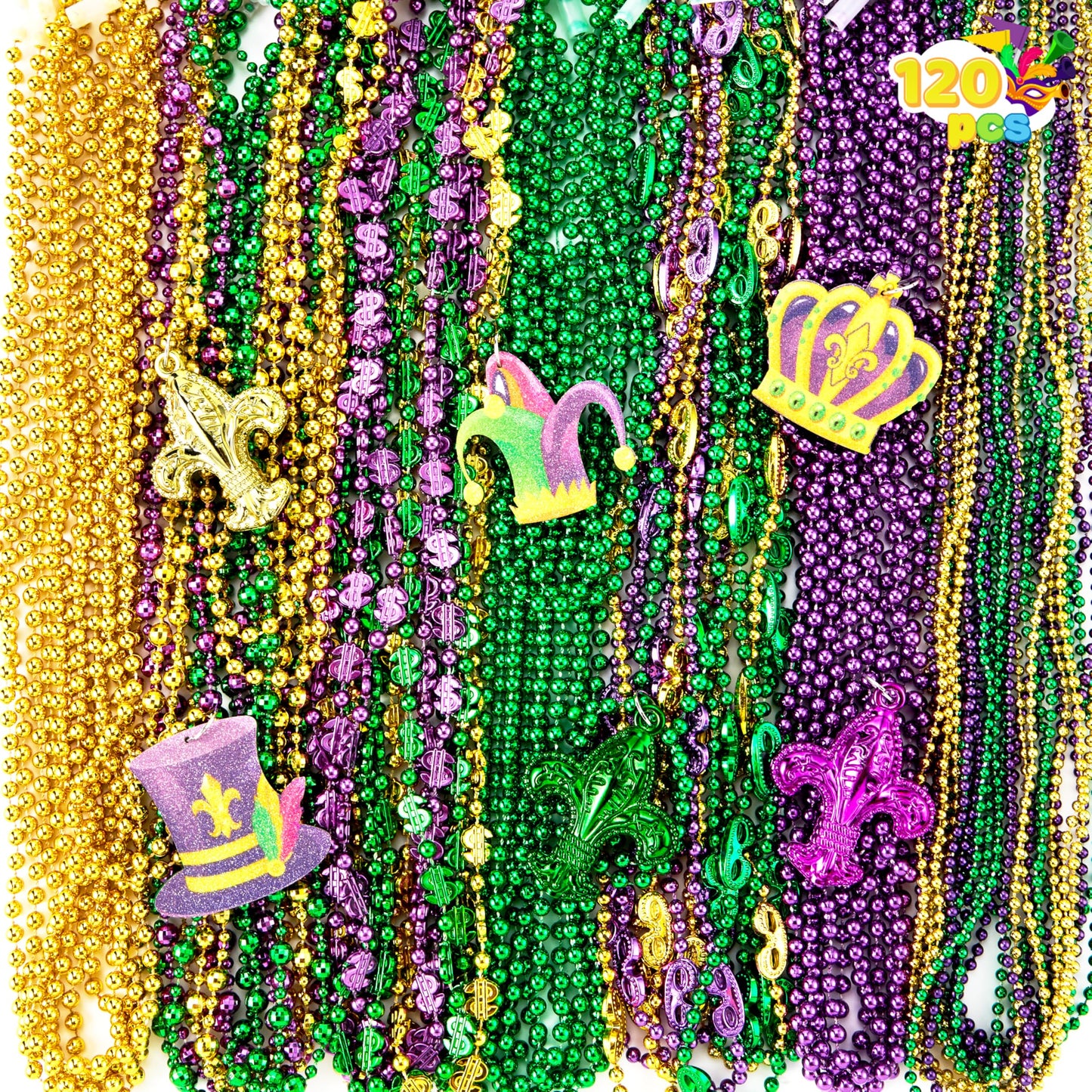 JOYIN 120 Pcs Mardi Gras Bead Necklaces with Pendant – Gold, Green & Purple Party Set