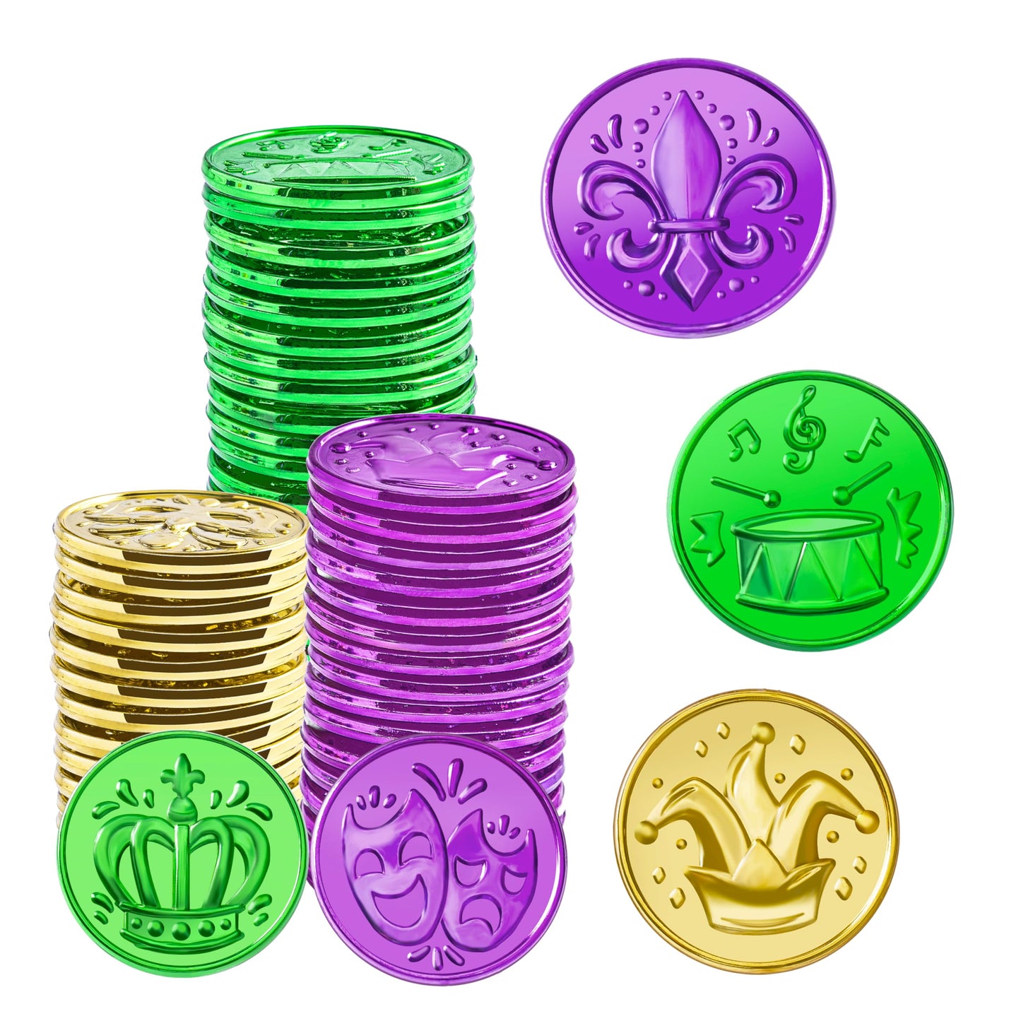 JOYIN 120 PCS Mardi Gras Coins – Gold Green Purple Plastic Parade Party Favors