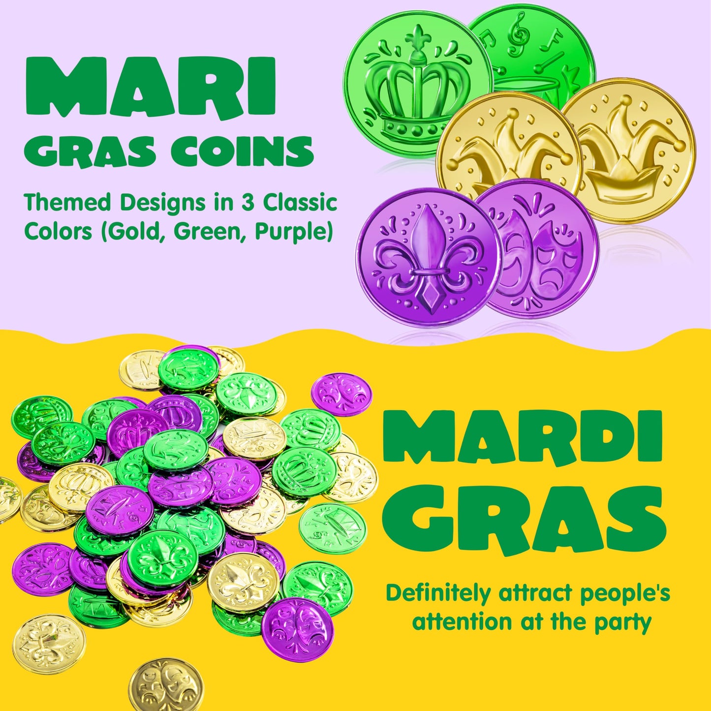 JOYIN 120 PCS Mardi Gras Coins – Gold Green Purple Plastic Parade Party Favors