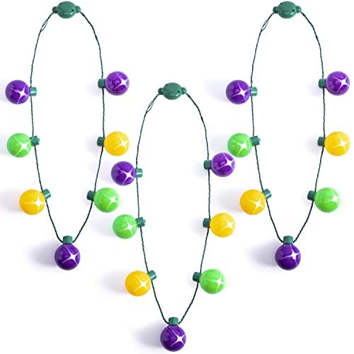 JOYIN 3-Piece Mardi Gras LED Necklace Set | 6 Modes in Green, Purple & Gold for Parties & Costumes