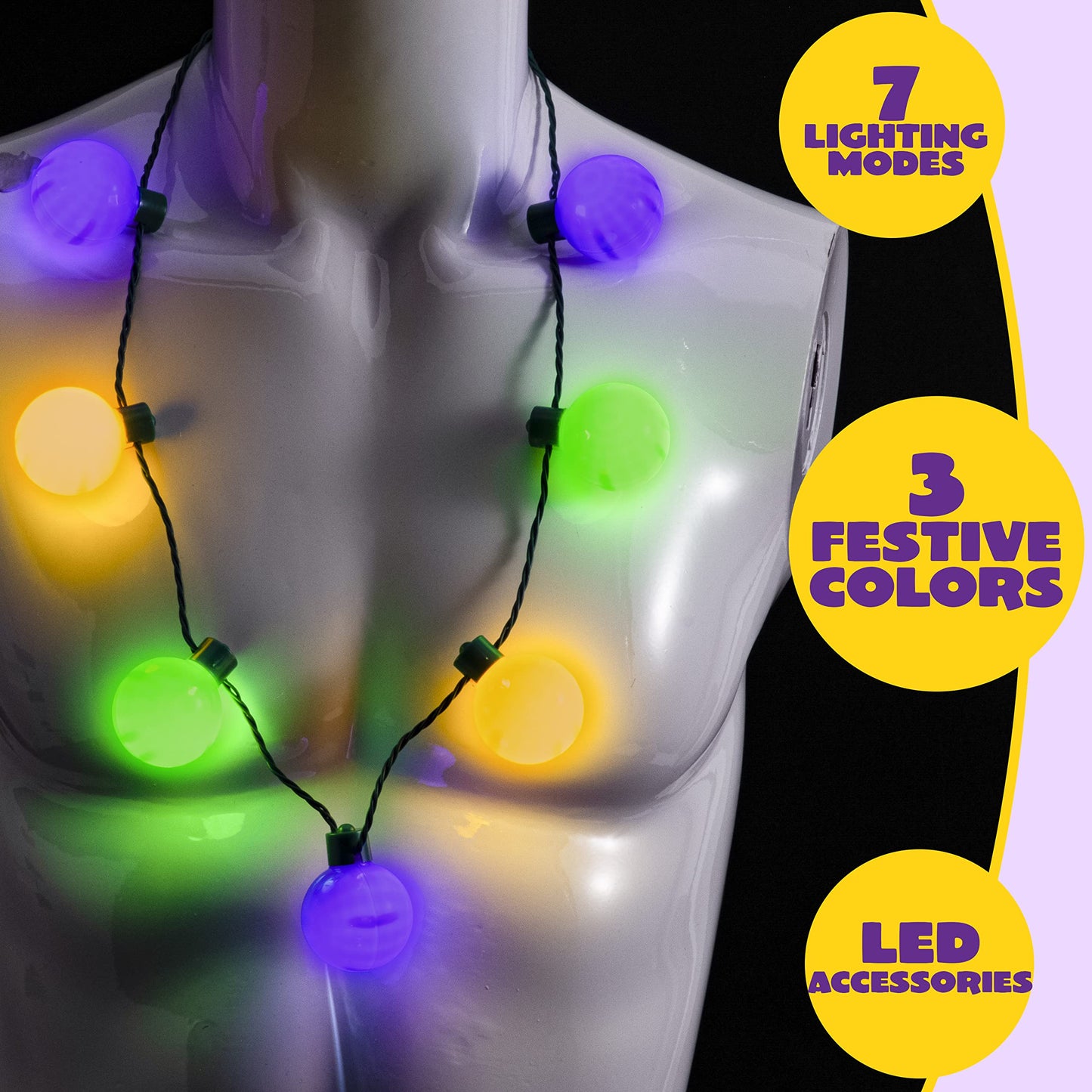 JOYIN 3-Piece Mardi Gras LED Necklace Set | 6 Modes in Green, Purple & Gold for Parties & Costumes