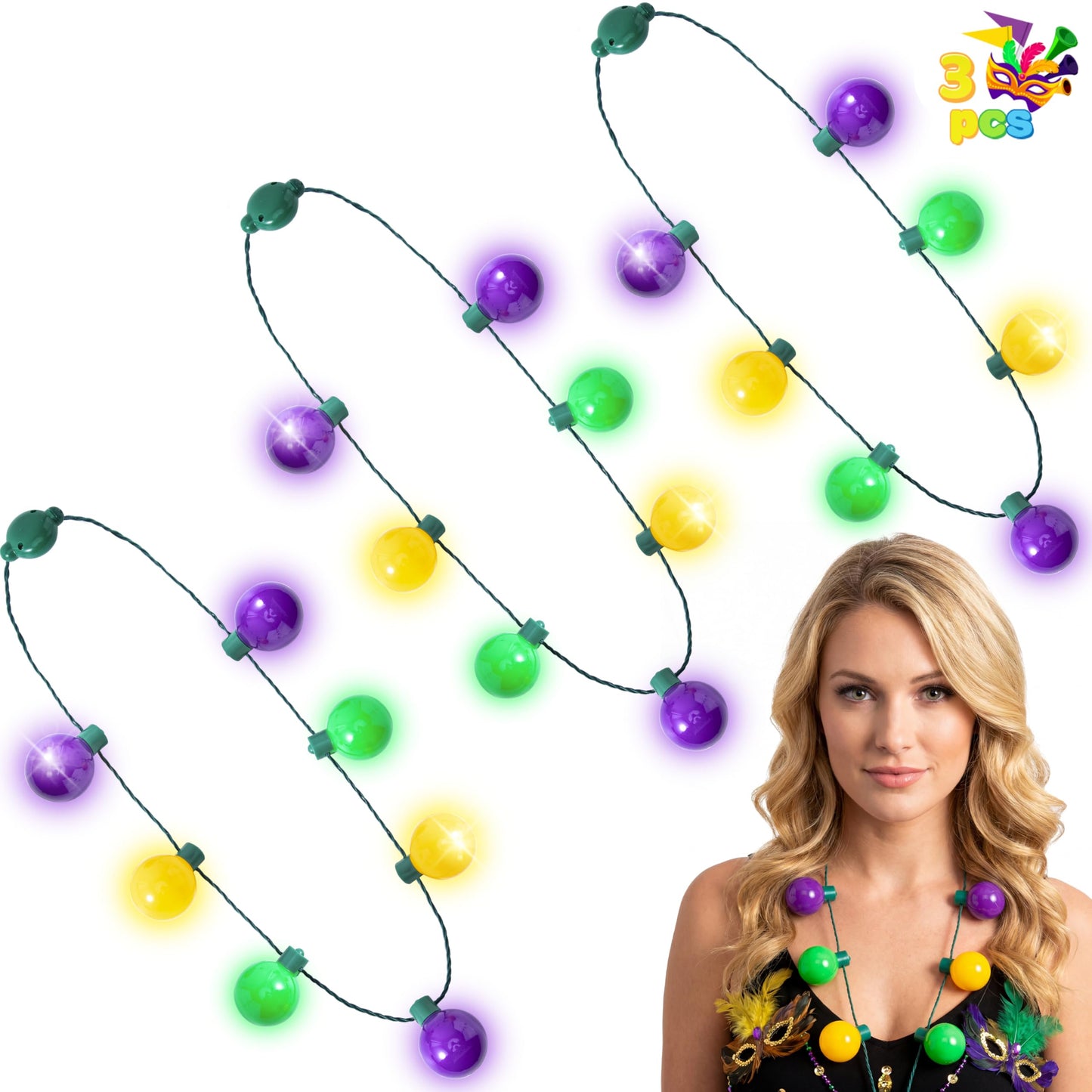 JOYIN 3-Piece Mardi Gras LED Necklace Set | 6 Modes in Green, Purple & Gold for Parties & Costumes