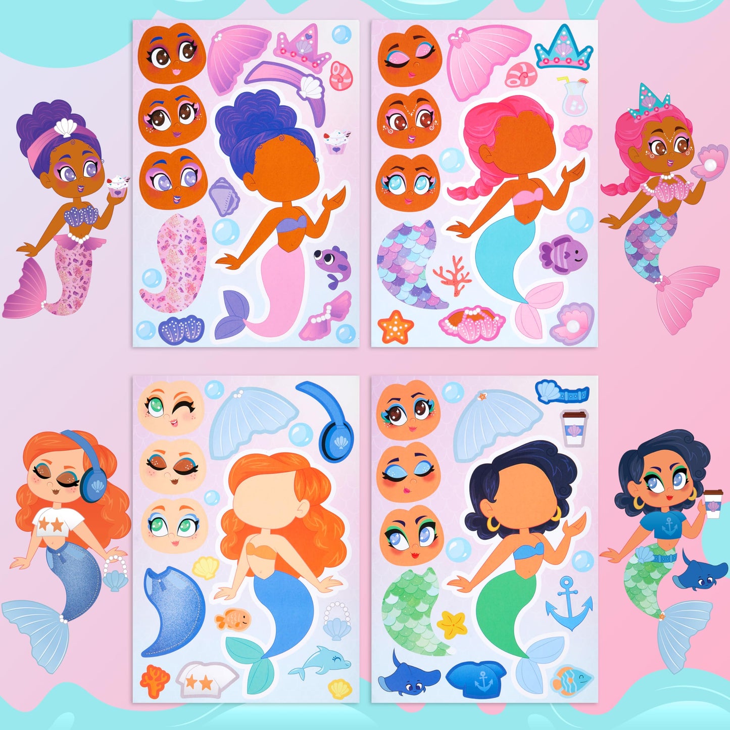 JOYIN 36 Pcs Mermaid Make-a-Face Stickers for Kids – 9x6 Inch Mermaid Sticker Sheets