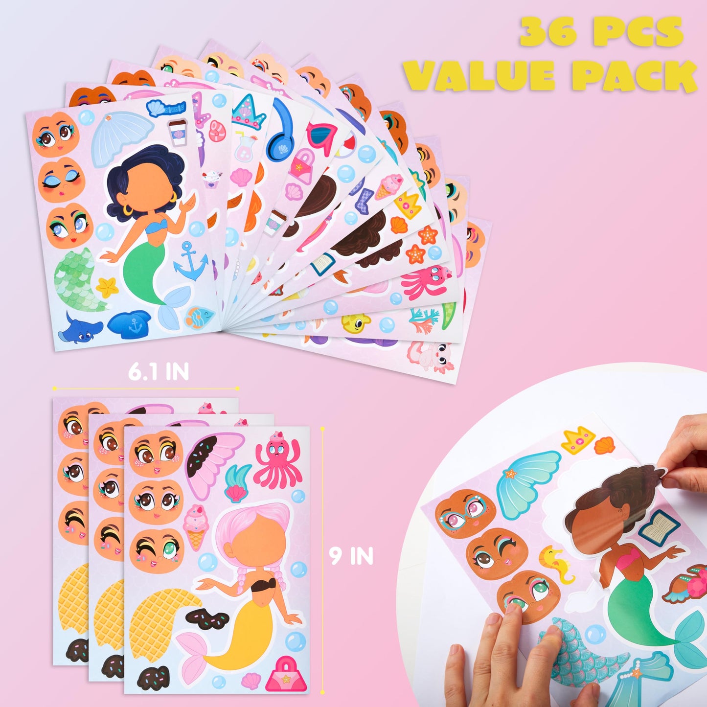 JOYIN 36 Pcs Mermaid Make-a-Face Stickers for Kids – 9x6 Inch Mermaid Sticker Sheets