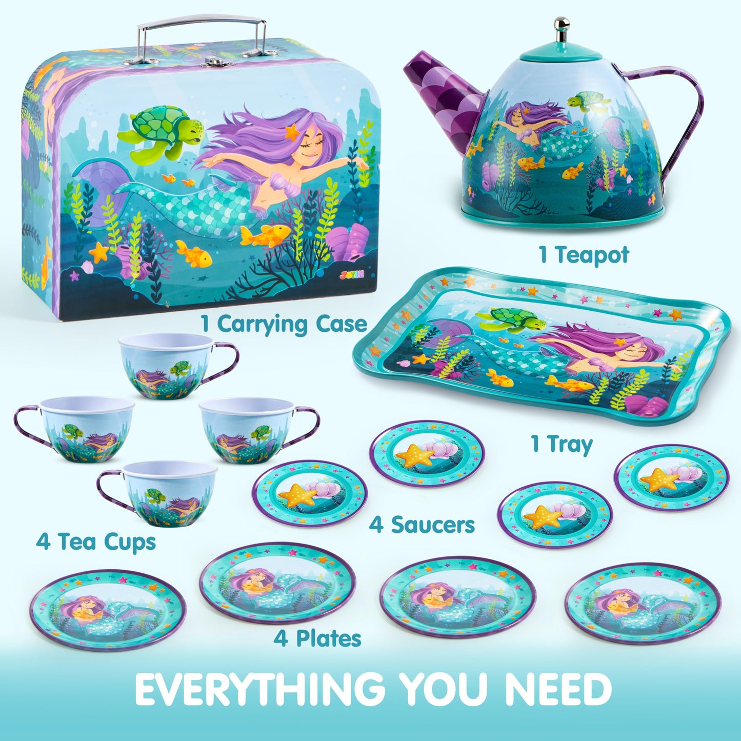 JOYIN Mermaid Tea Party Set for Little Girls – Pretend Tin Teapot, Cups, Plates & Mermaid Carrying Case