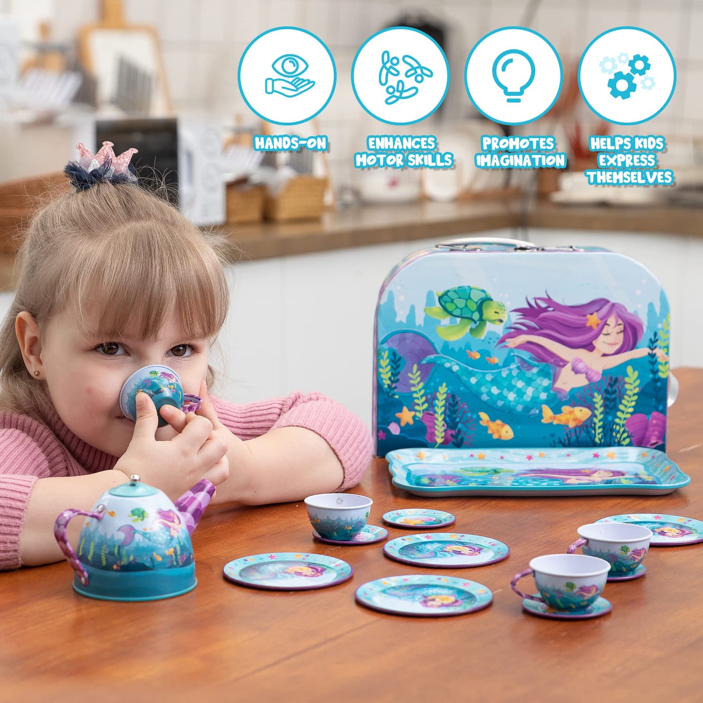 JOYIN Mermaid Tea Party Set for Little Girls – Pretend Tin Teapot, Cups, Plates & Mermaid Carrying Case