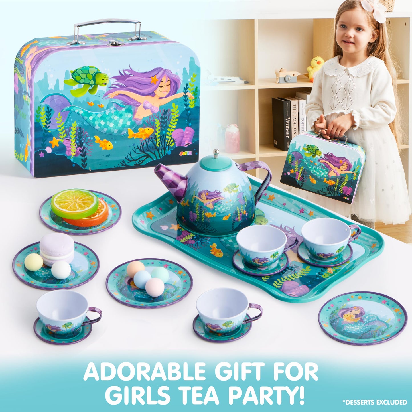 JOYIN Mermaid Tea Party Set for Little Girls – Pretend Tin Teapot, Cups, Plates & Mermaid Carrying Case
