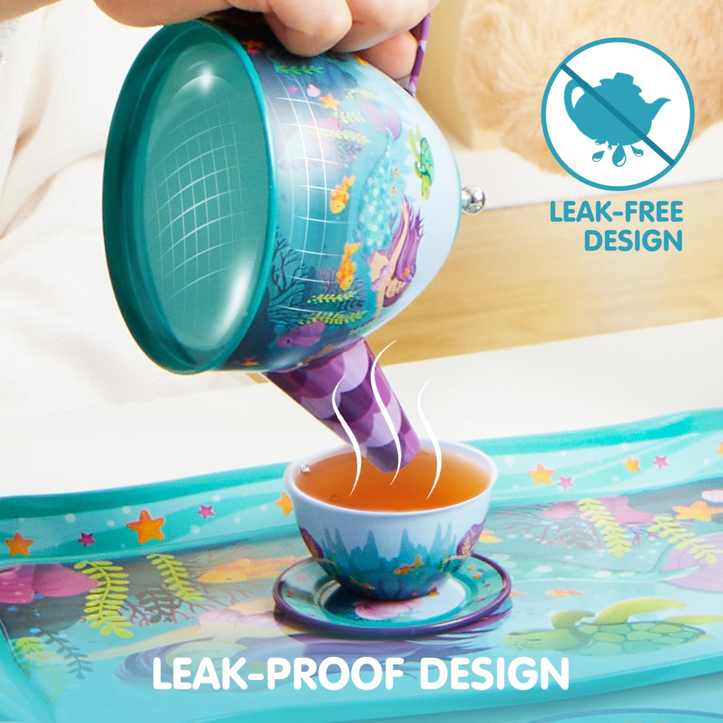 JOYIN Mermaid Tea Party Set for Little Girls – Pretend Tin Teapot, Cups, Plates & Mermaid Carrying Case