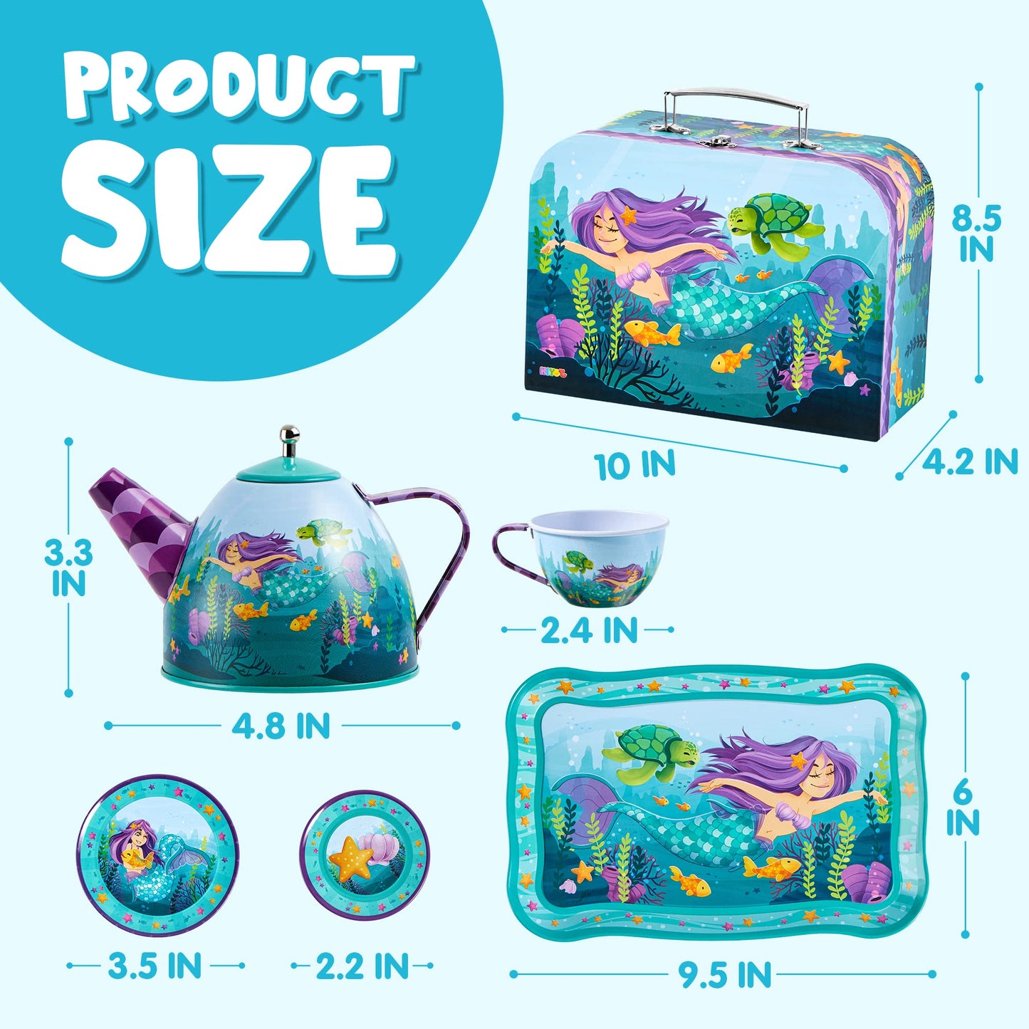 JOYIN Mermaid Tea Party Set for Little Girls – Pretend Tin Teapot, Cups, Plates & Mermaid Carrying Case
