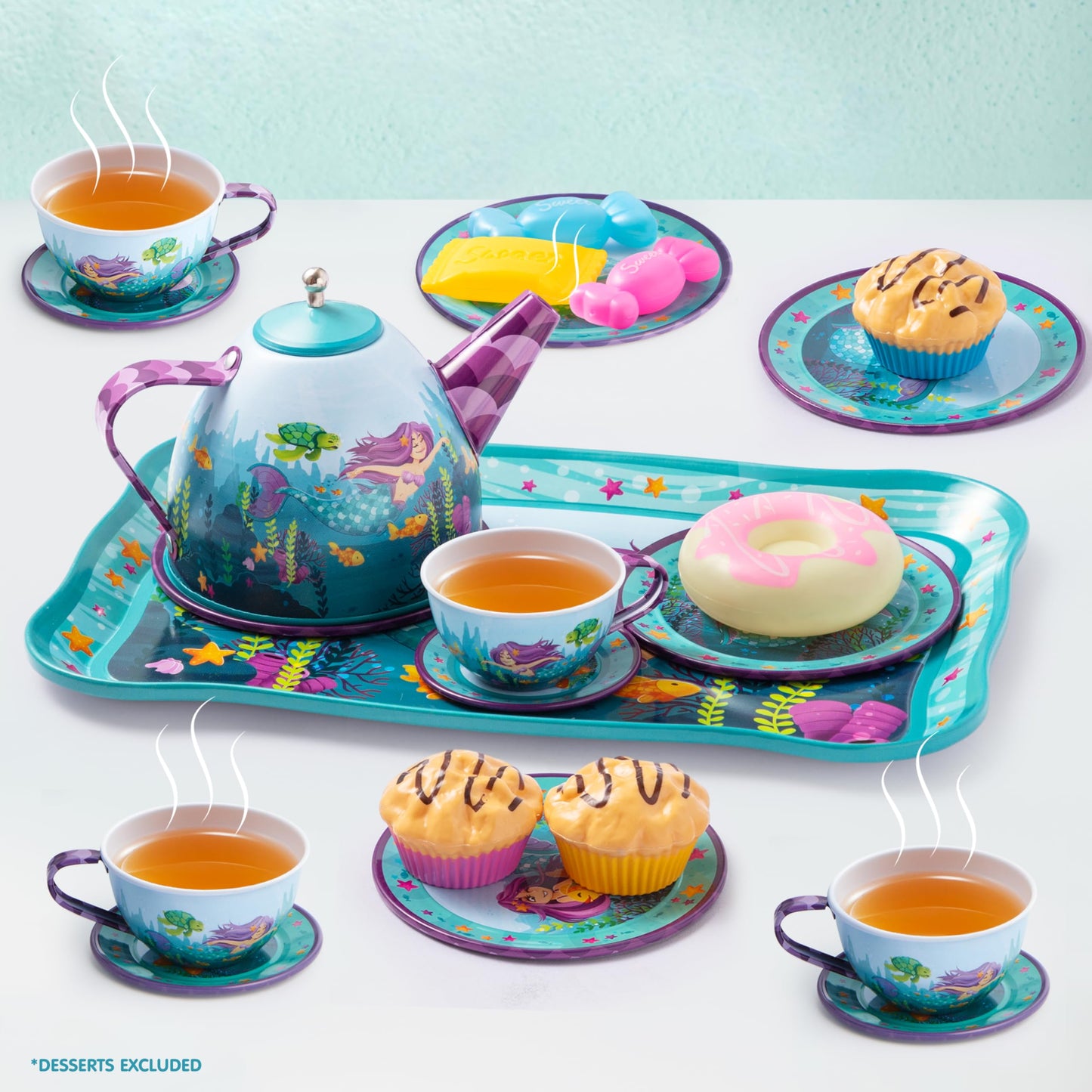 JOYIN Mermaid Tea Party Set for Little Girls – Pretend Tin Teapot, Cups, Plates & Mermaid Carrying Case