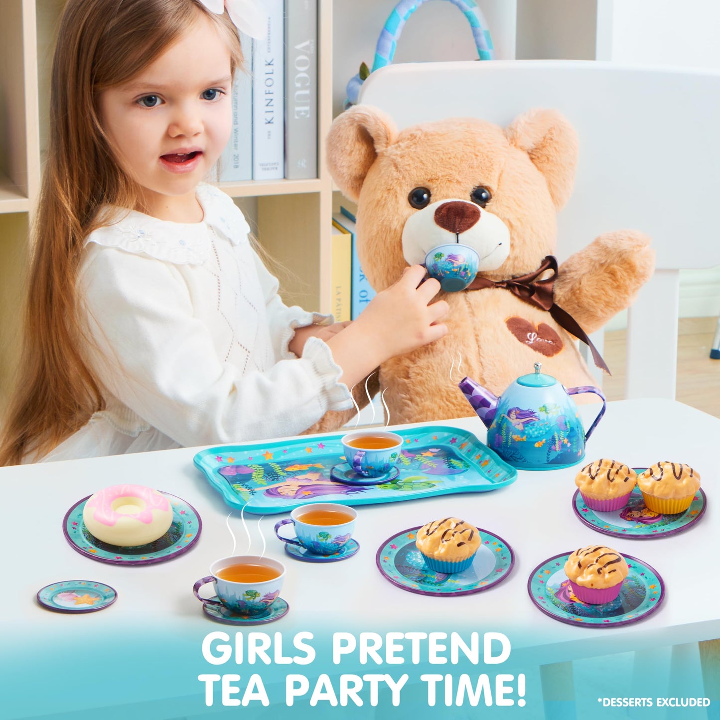 JOYIN Mermaid Tea Party Set for Little Girls – Pretend Tin Teapot, Cups, Plates & Mermaid Carrying Case