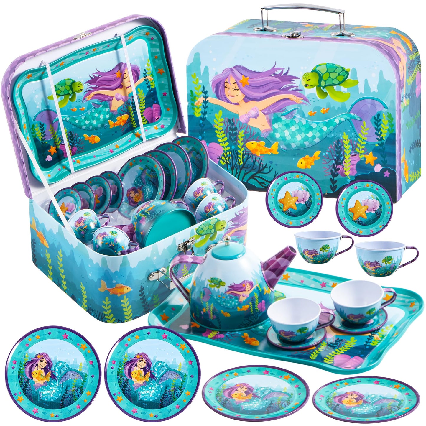 JOYIN Mermaid Tea Party Set for Little Girls – Pretend Tin Teapot, Cups, Plates & Mermaid Carrying Case